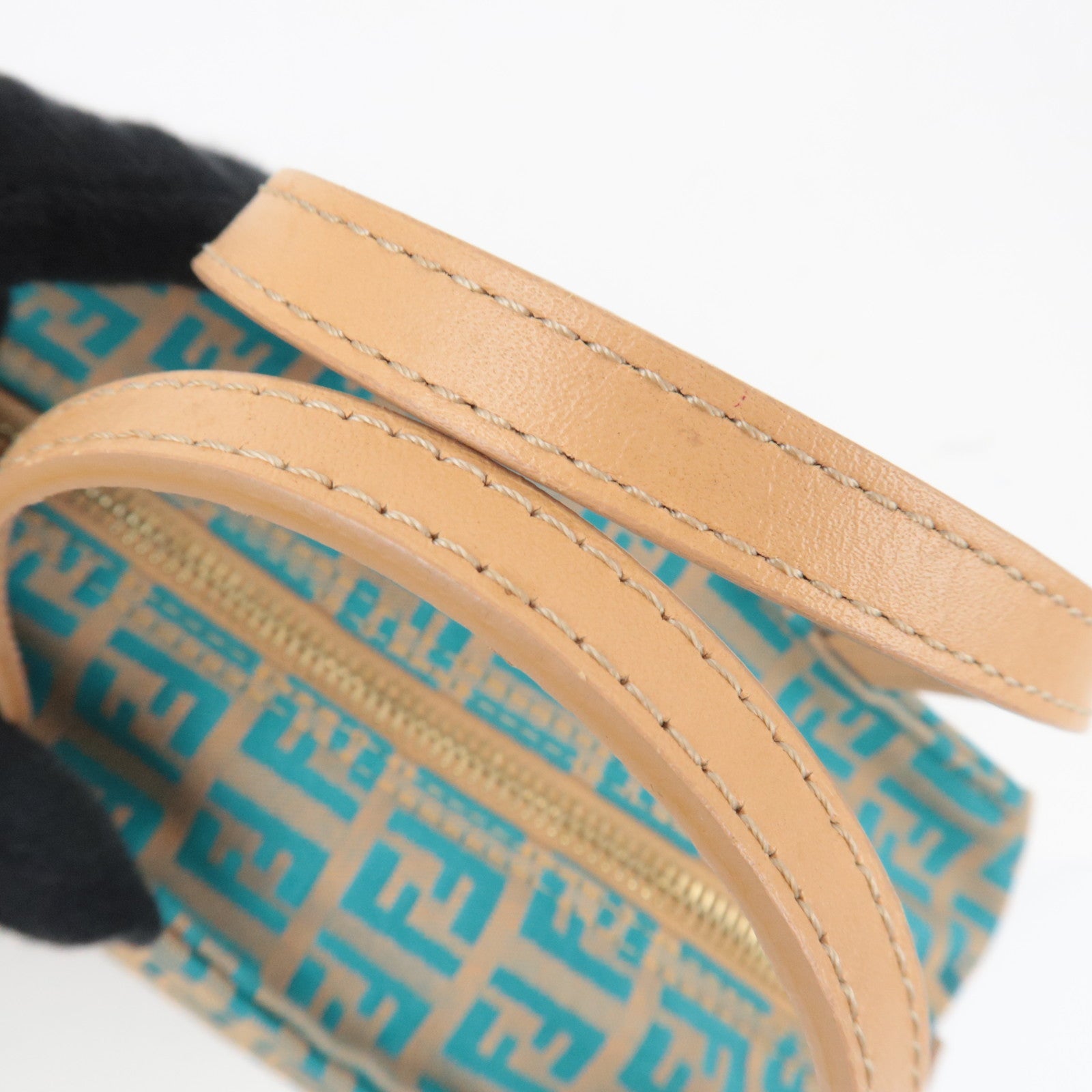 FENDI Zucchino Handbag Canvas Leather Beige Blue 8N0000 *Dust bag