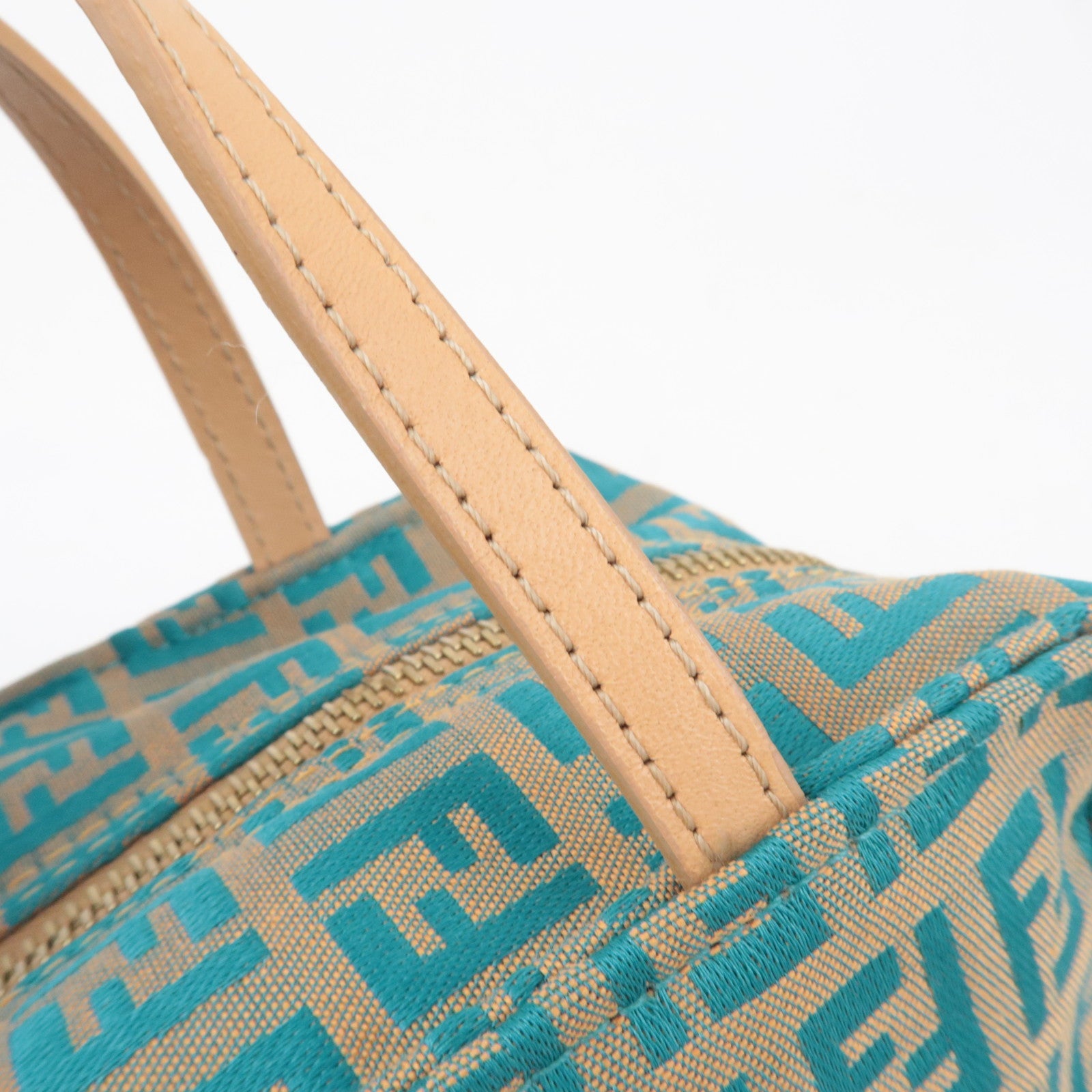 FENDI Zucchino Handbag Canvas Leather Beige Blue 8N0000 *Dust bag