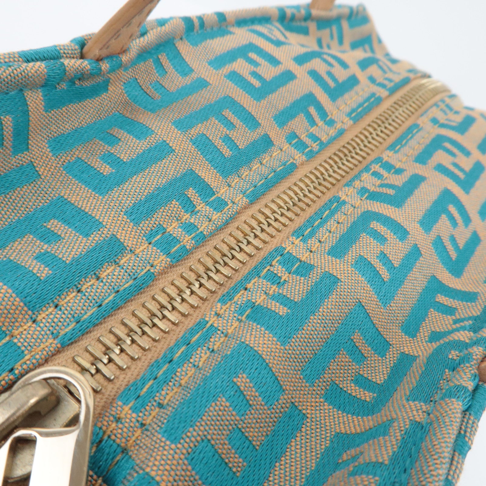 FENDI Zucchino Handbag Canvas Leather Beige Blue 8N0000 *Dust bag