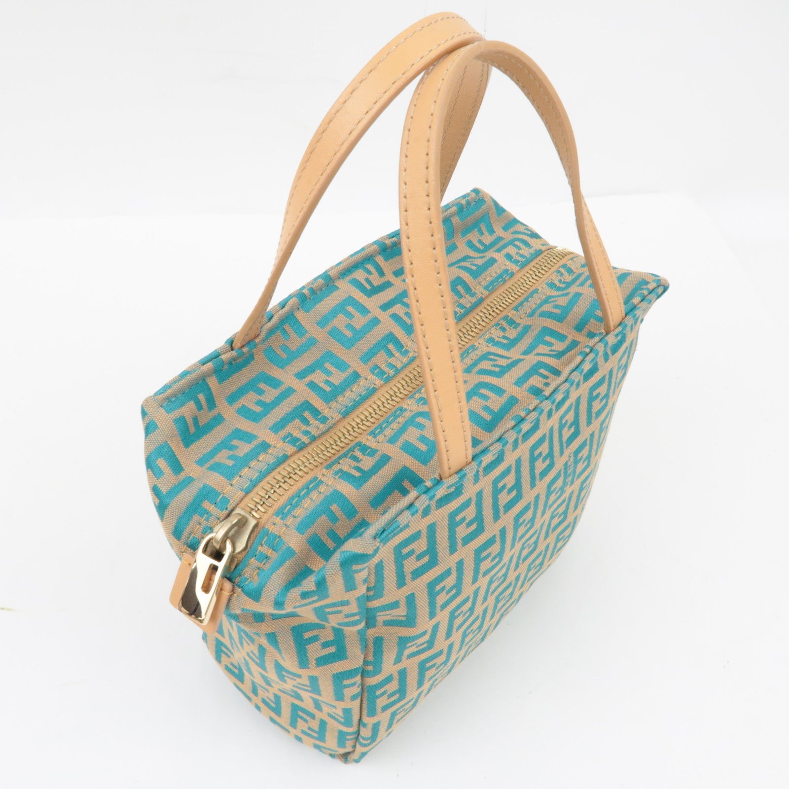 FENDI Zucchino Handbag Canvas Leather Beige Blue 8N0000 *Dust bag