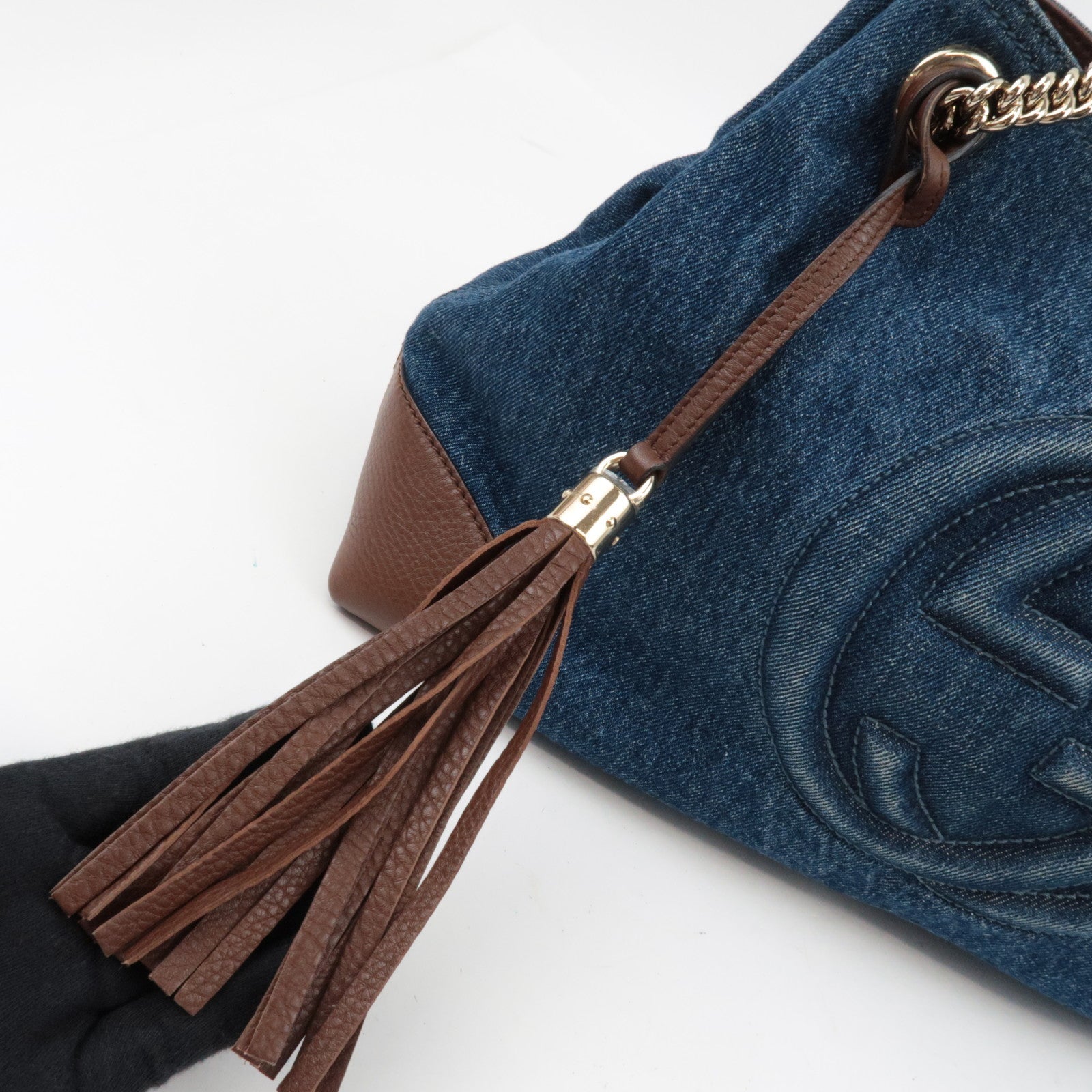 GUCCI Soho Interlocking G Chain Shoulder Bag Denim Leather Blue Brown 308982