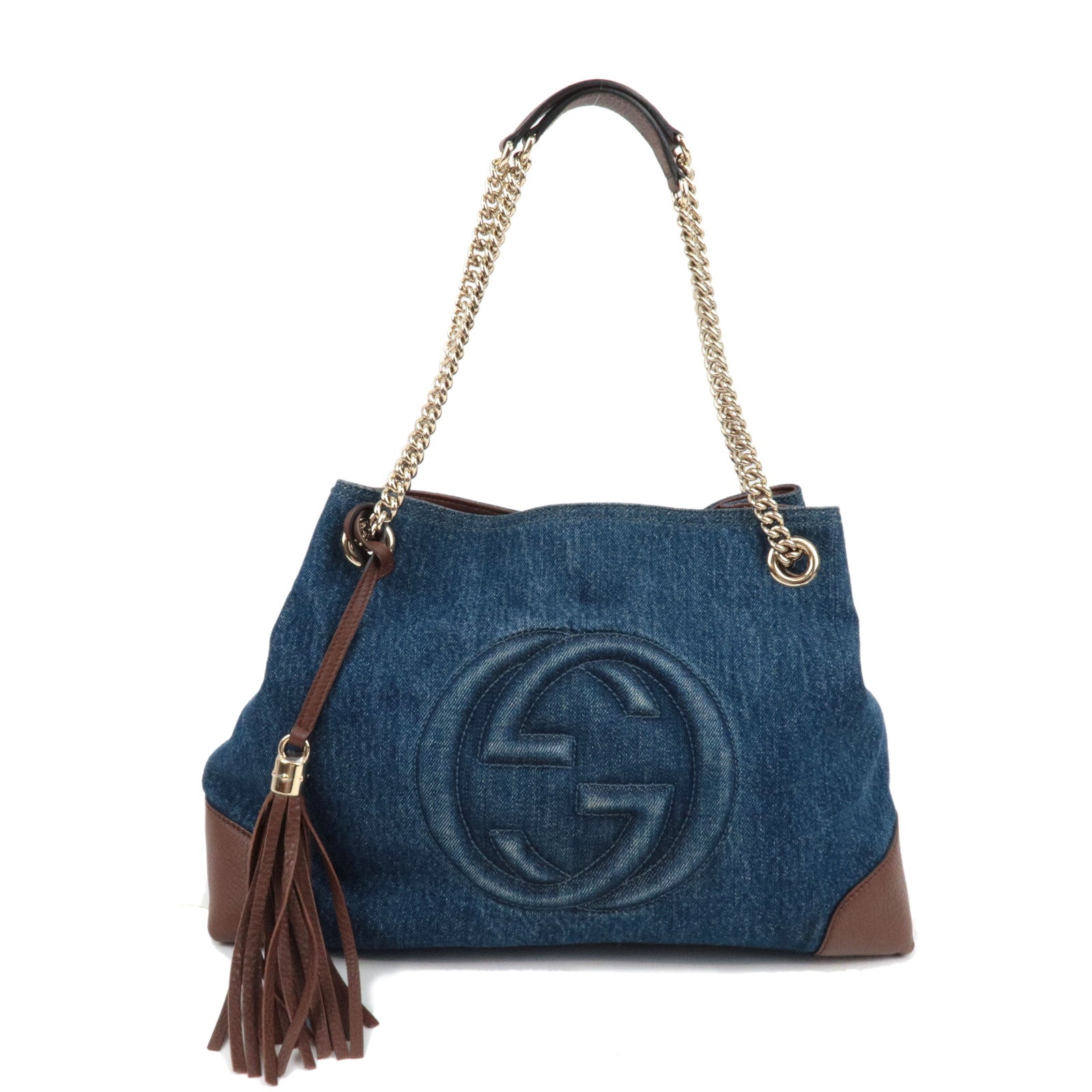 GUCCI Soho Interlocking G Chain Shoulder Bag Denim Leather Blue Brown 30898275851