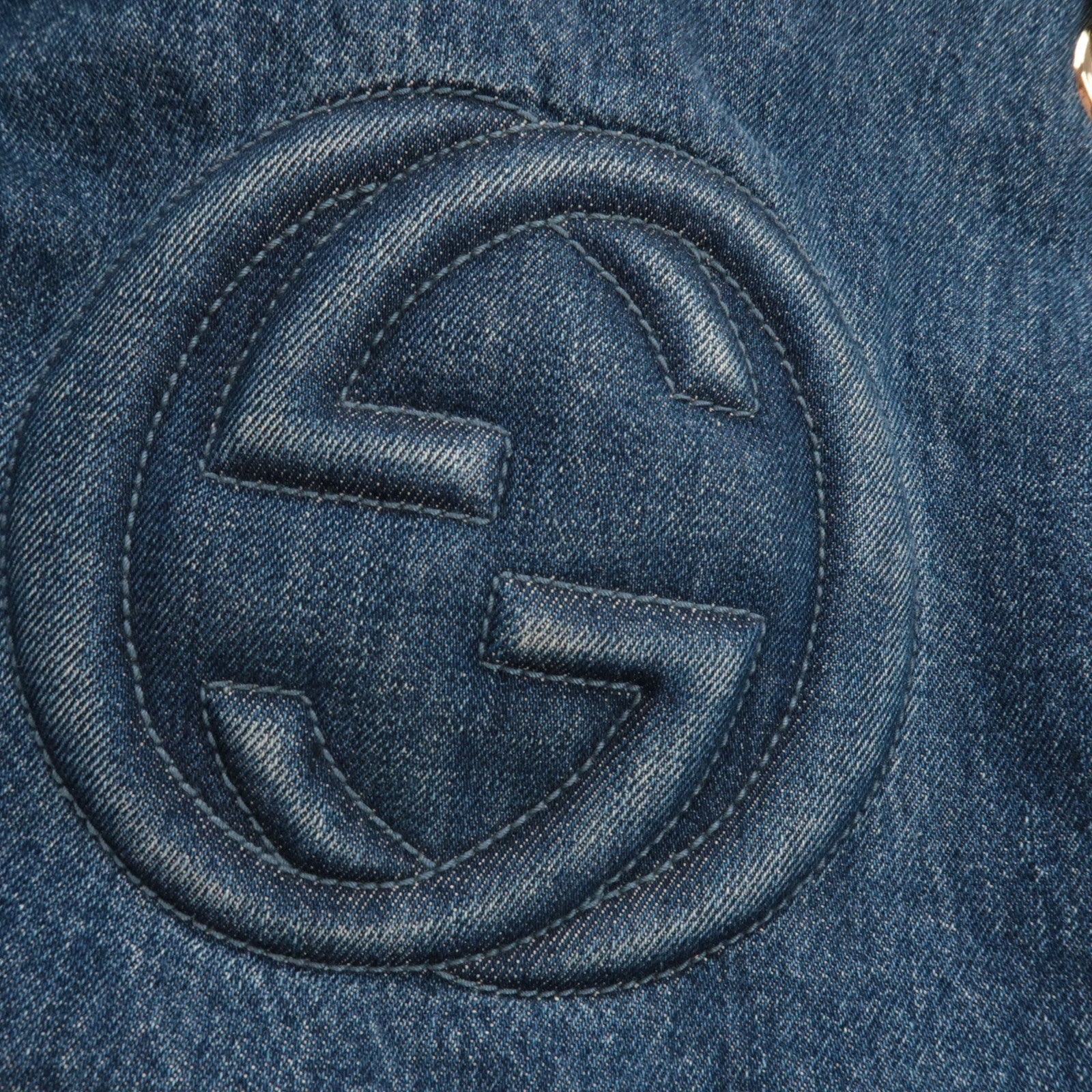 GUCCI Soho Interlocking G Chain Shoulder Bag Denim Leather Blue Brown 308982