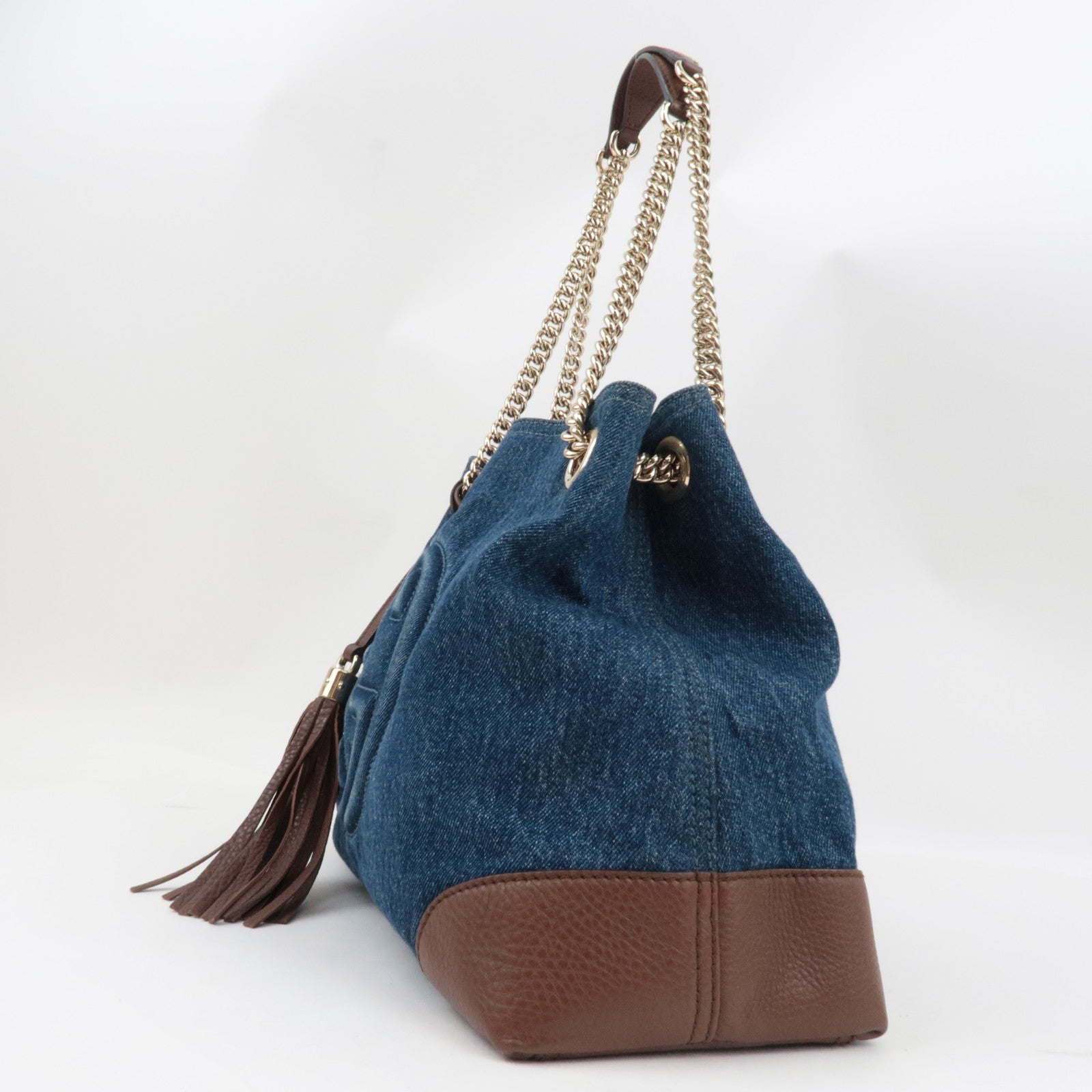 GUCCI Soho Interlocking G Chain Shoulder Bag Denim Leather Blue Brown 308982