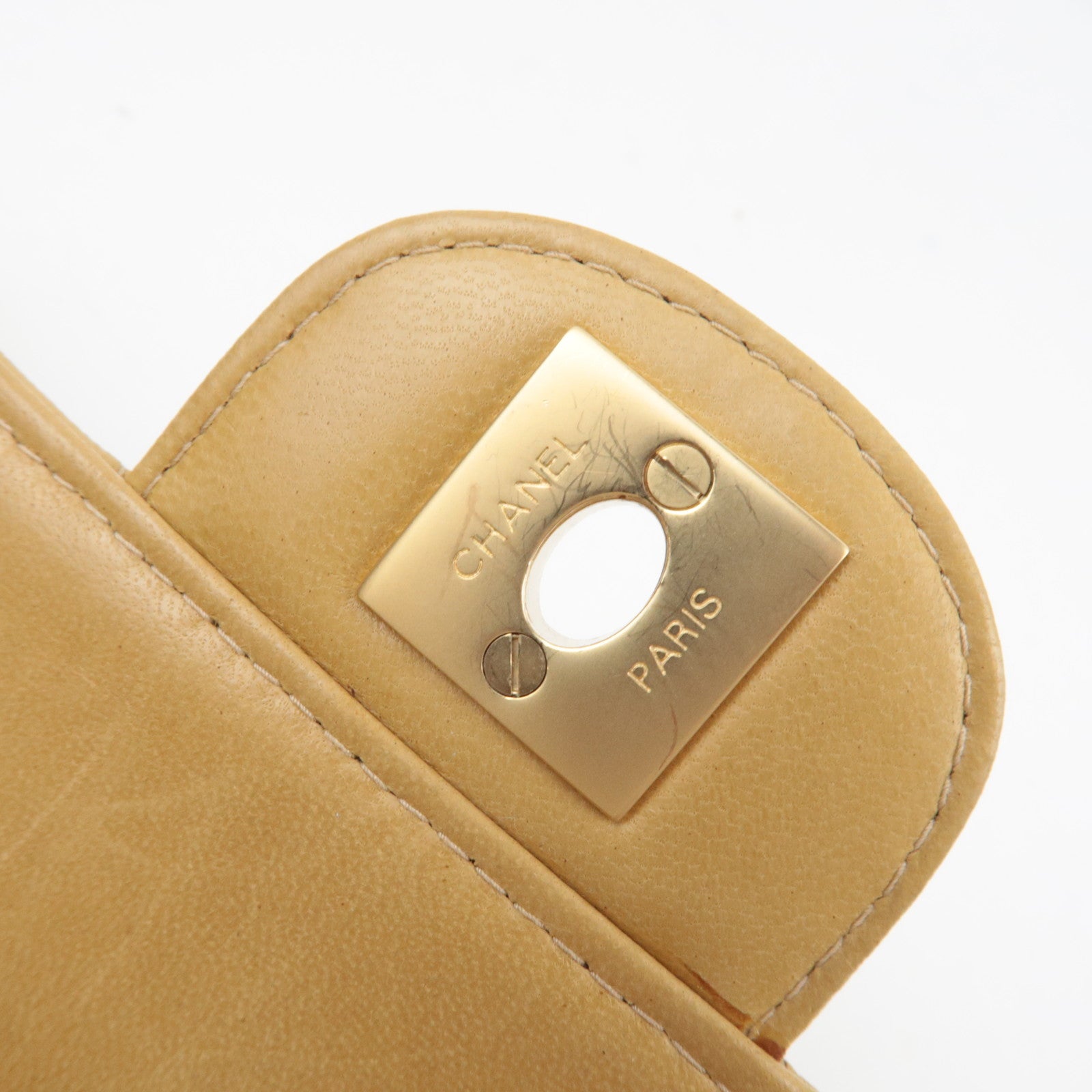 CHANEL Chocobar Chain Shoulder Bag Lambskin Beige Gold HDW *Box, G card