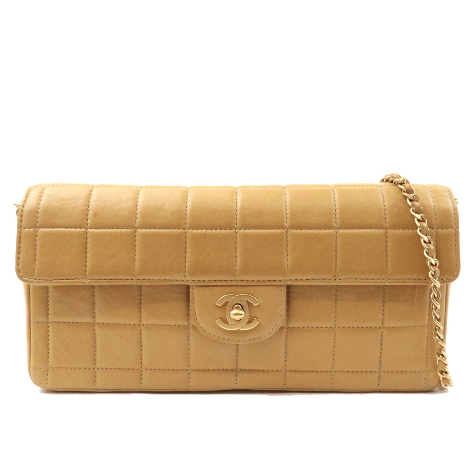 CHANEL Chocobar Chain Shoulder Bag Lambskin Beige Gold HDW *Box, G card75954