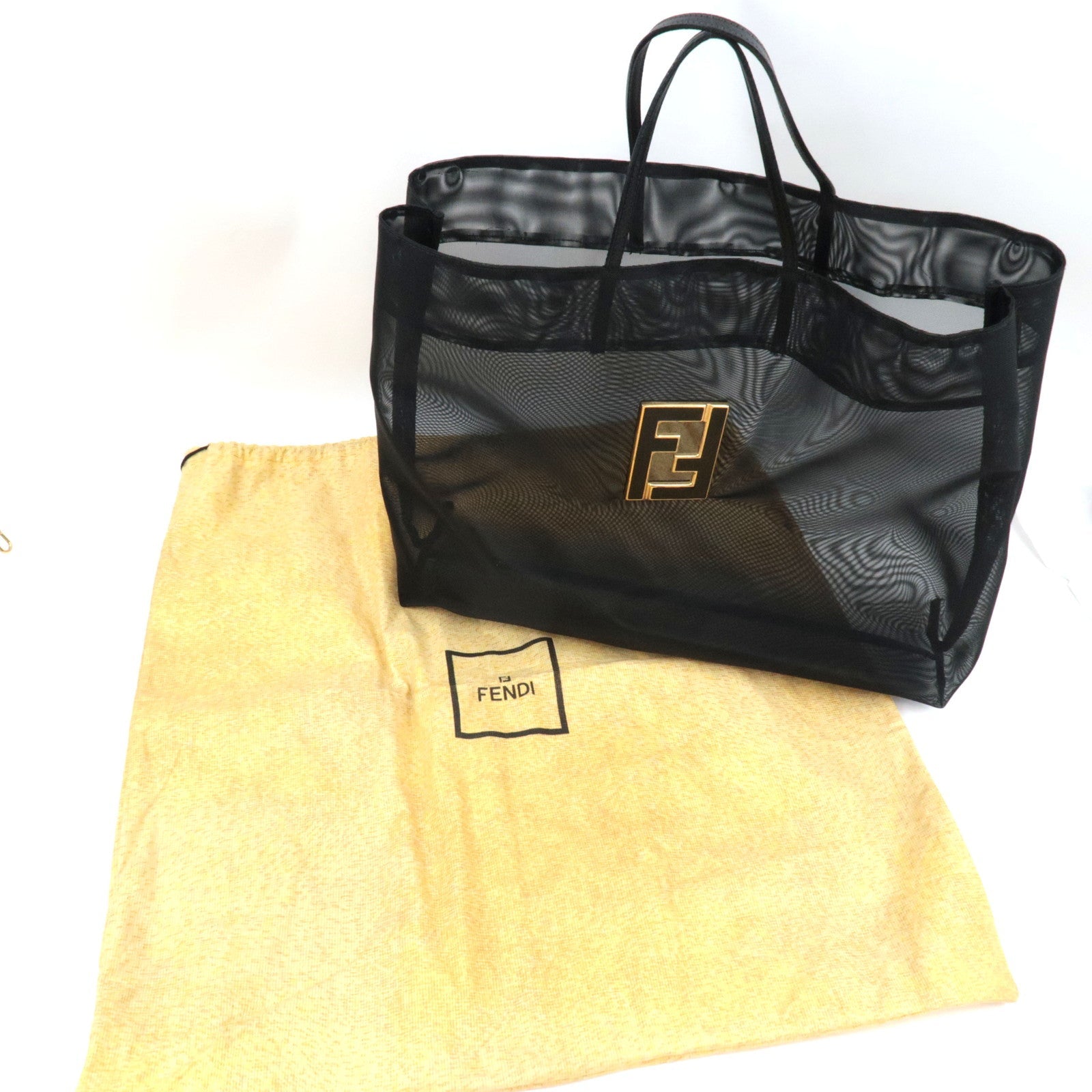 FENDI Mesh Tote Bag Hand Bag Leather Black *Dust bag
