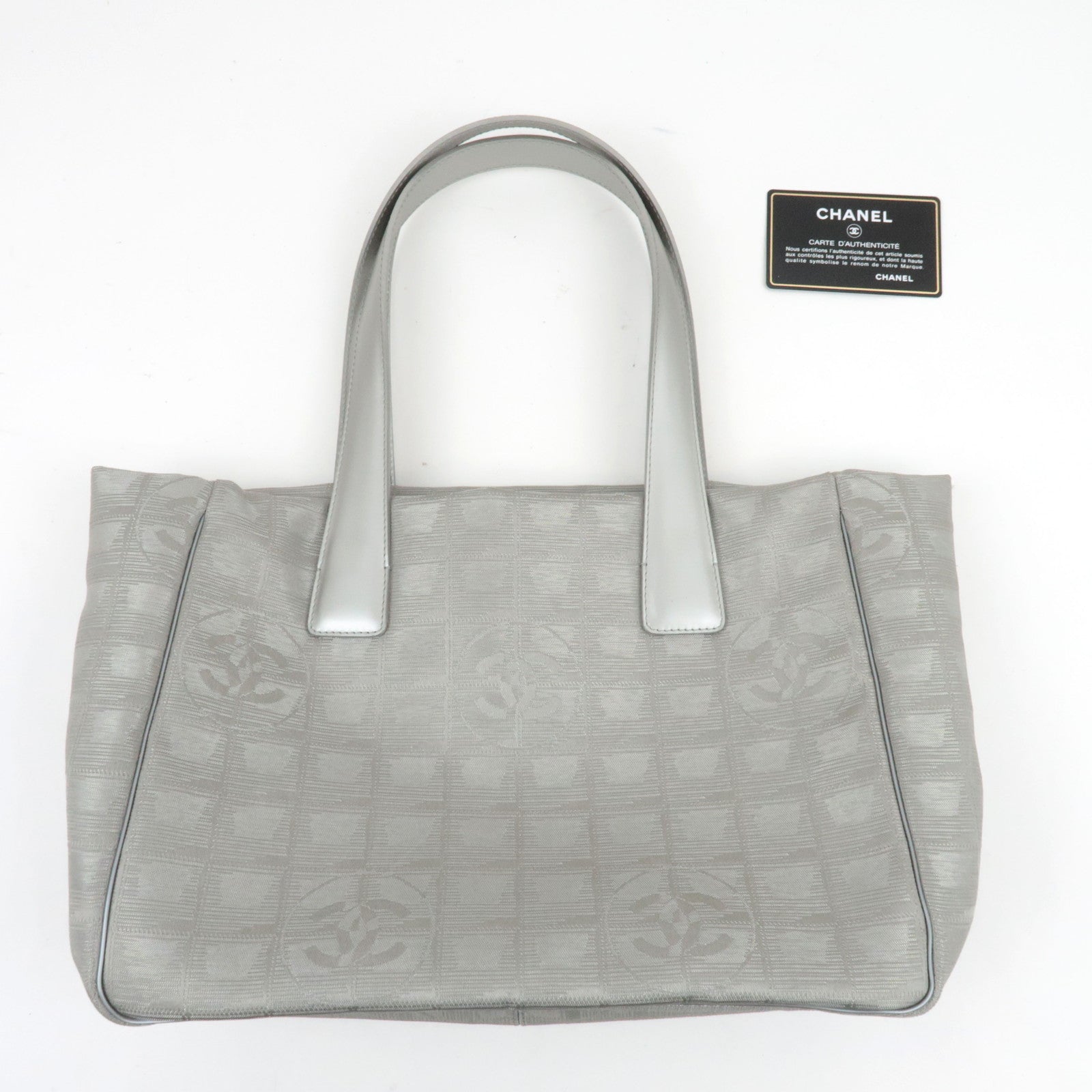 CHANEL New Travel Line Tote PM Nylon Jacquard Leather Silver A20457 8626889 *G Card