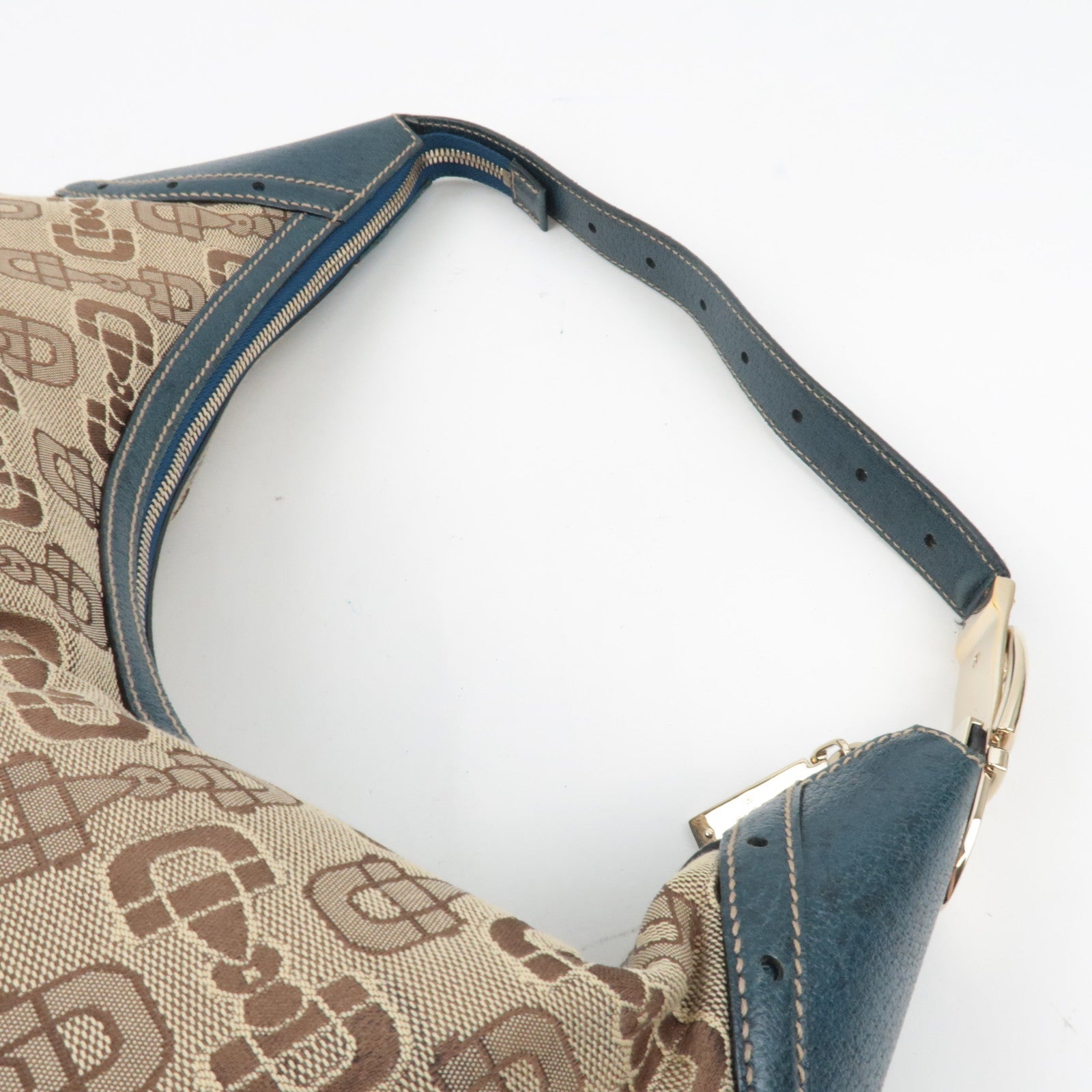 GUCCI Horsebit One-Shoulder Bag Canvas Leather Beige Blue 145767