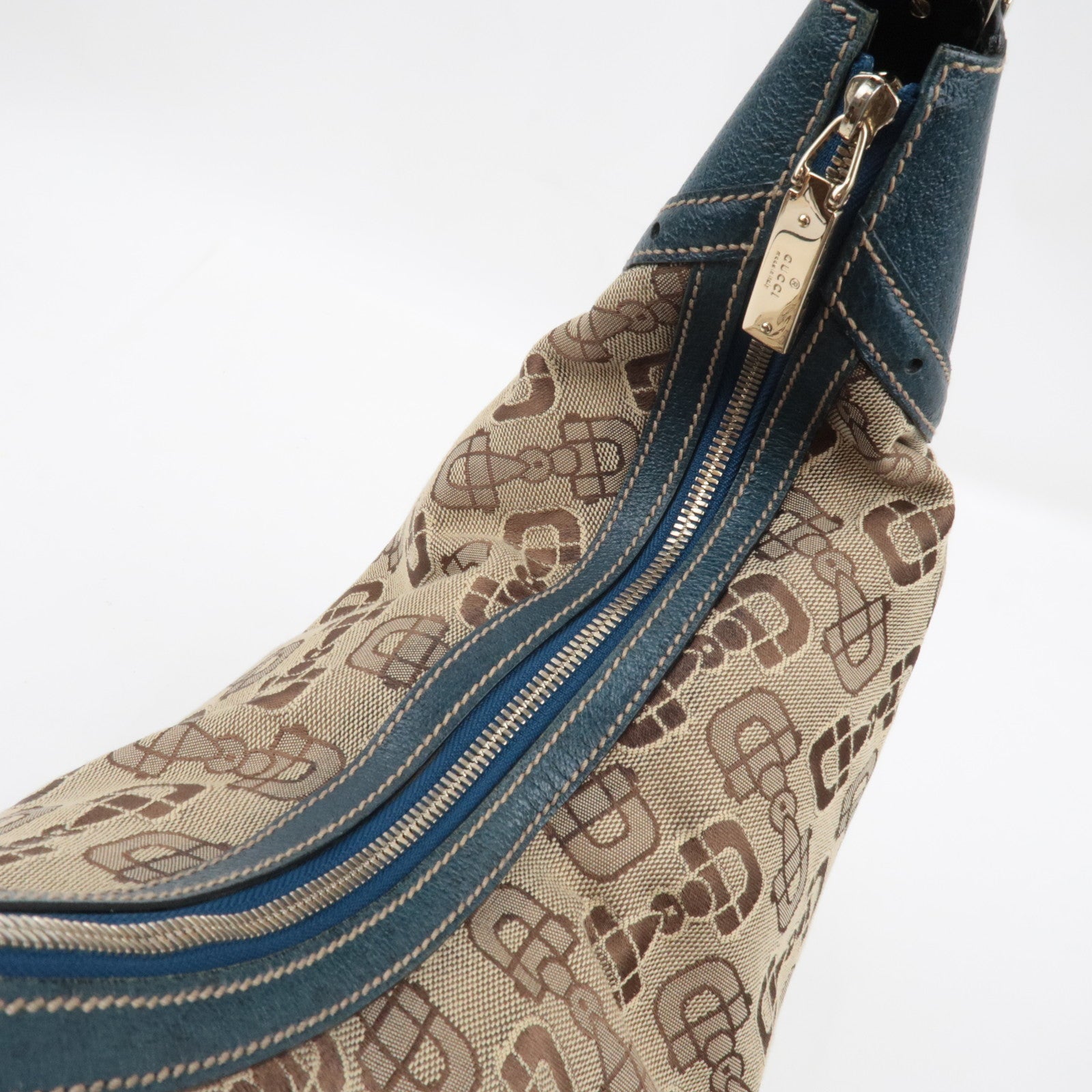 GUCCI Horsebit One-Shoulder Bag Canvas Leather Beige Blue 145767