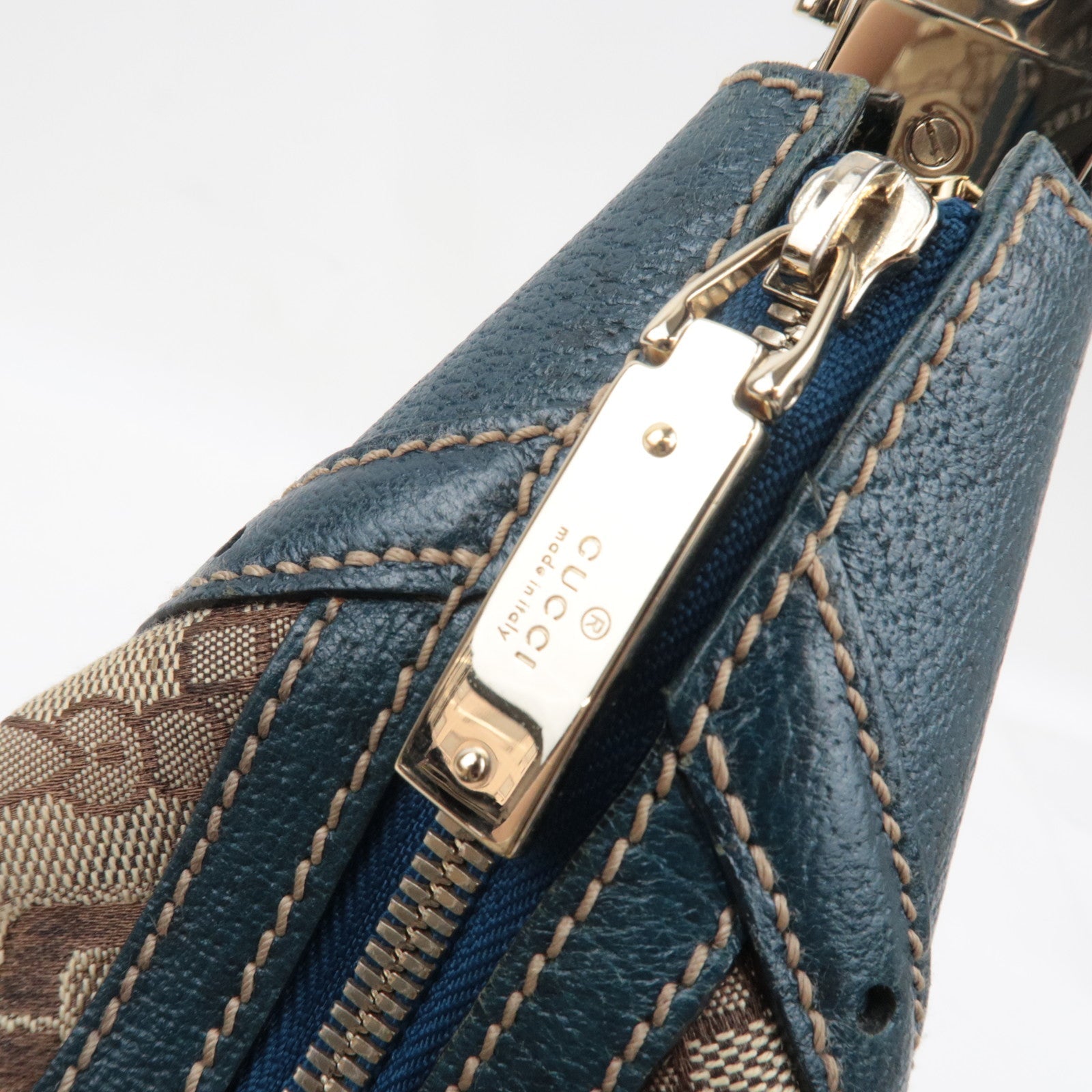 GUCCI Horsebit One-Shoulder Bag Canvas Leather Beige Blue 145767