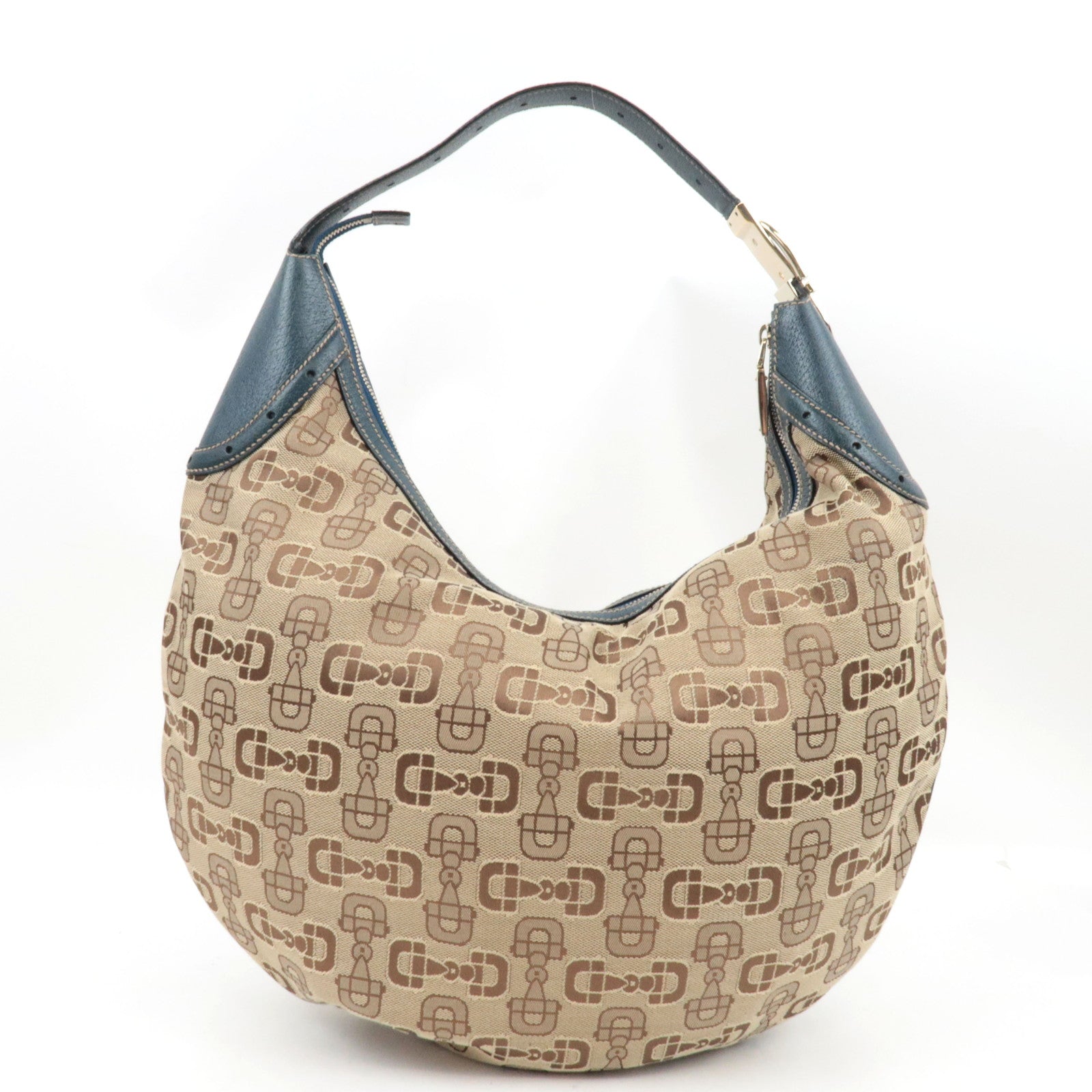 GUCCI Horsebit One-Shoulder Bag Canvas Leather Beige Blue 145767