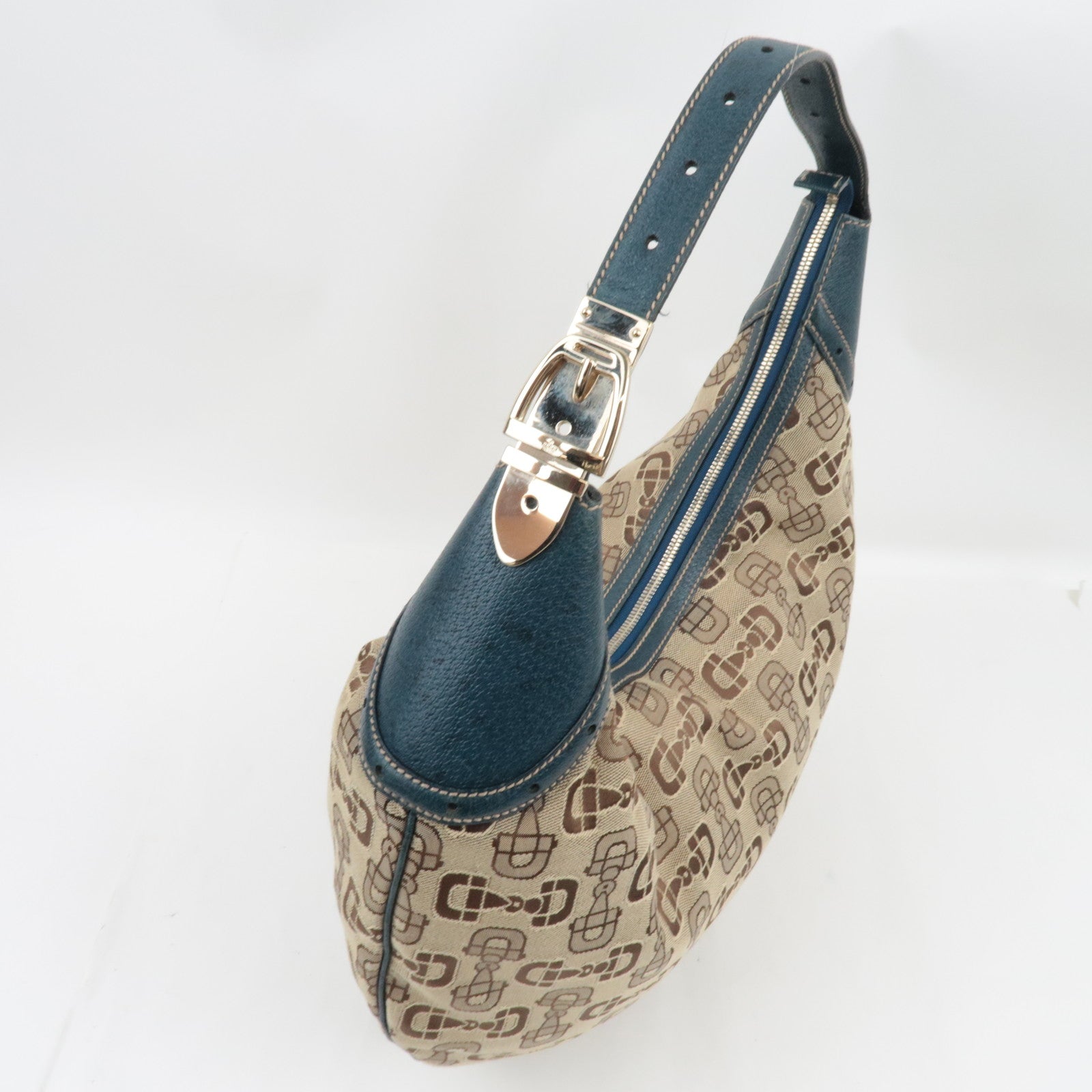 GUCCI Horsebit One-Shoulder Bag Canvas Leather Beige Blue 145767