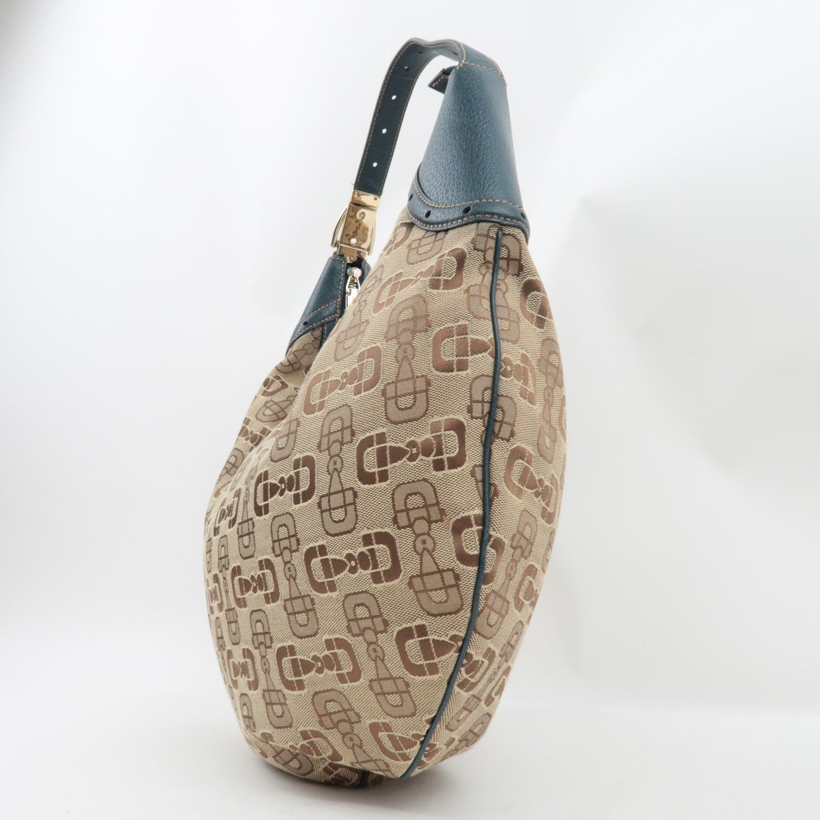 GUCCI Horsebit One-Shoulder Bag Canvas Leather Beige Blue 145767