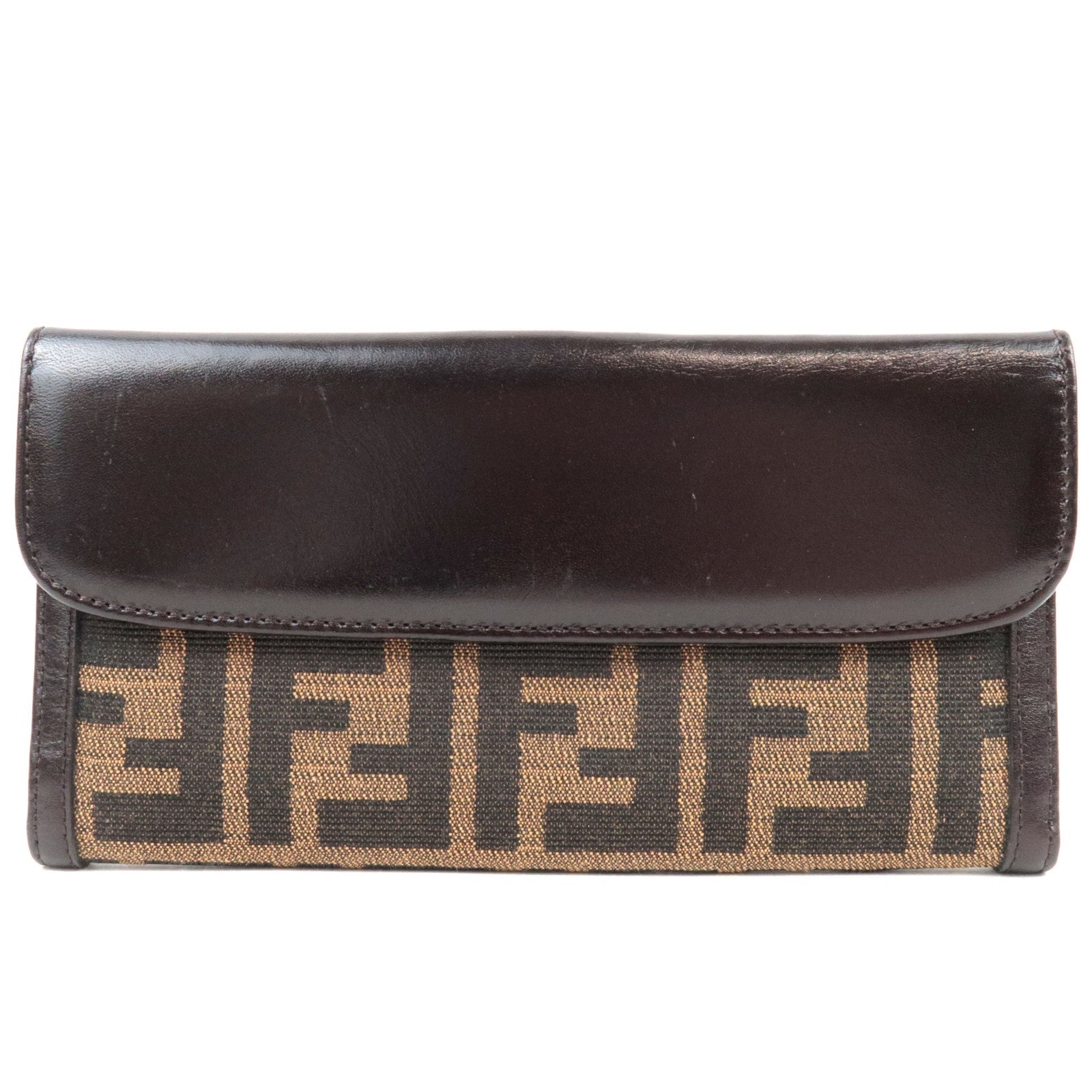 FENDI Zucca Double Hook Long Wallet Canvas Leather Brown Black 76613
