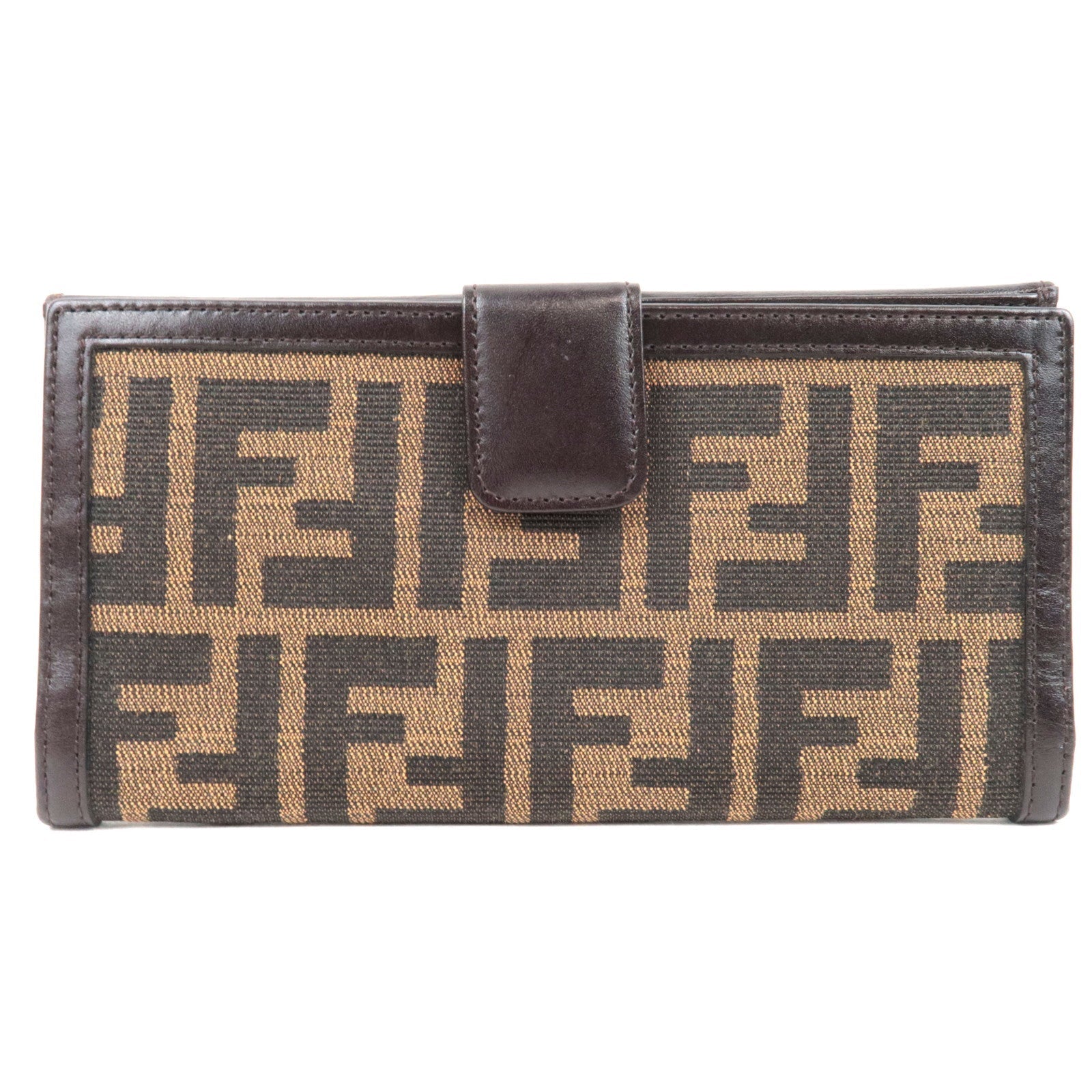 FENDI Zucca Double Hook Long Wallet Canvas Leather Brown Black