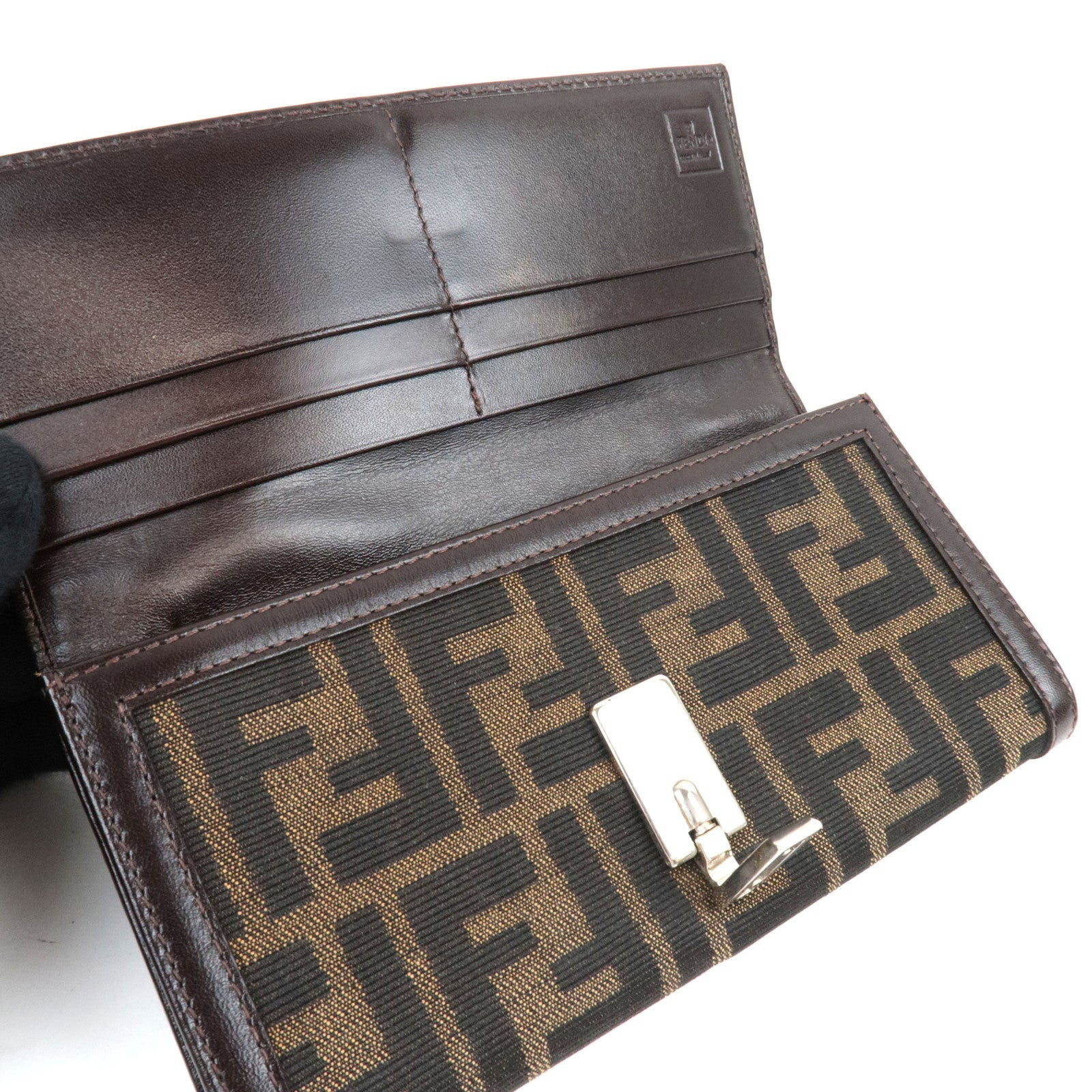 FENDI Zucca Long Wallet Khaki Black Brown 31084 *Box