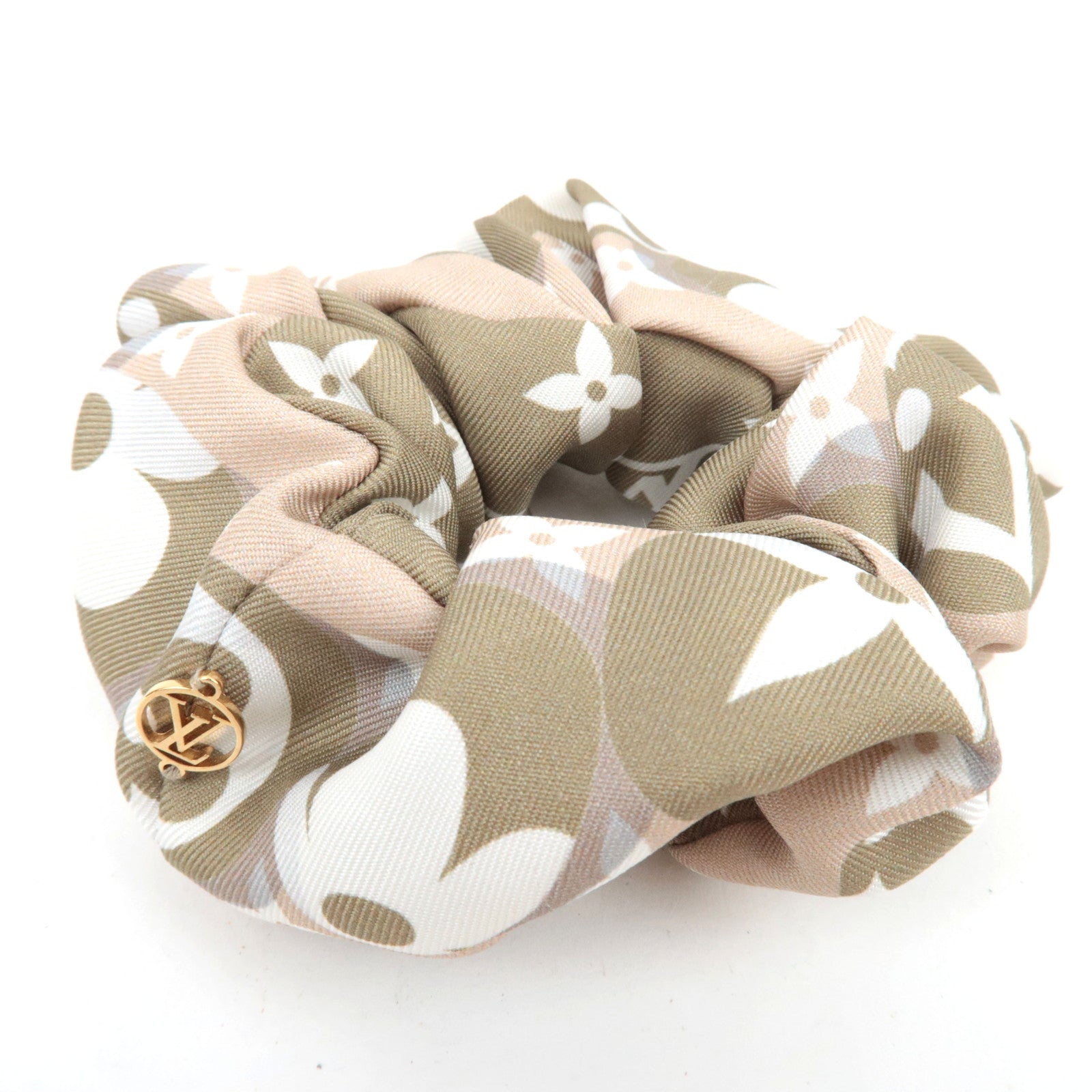 Louis Vuitton Monogram Scrunchie 100% Silk Khaki Beige M77521 FF0262 *Box, Dust bag76676