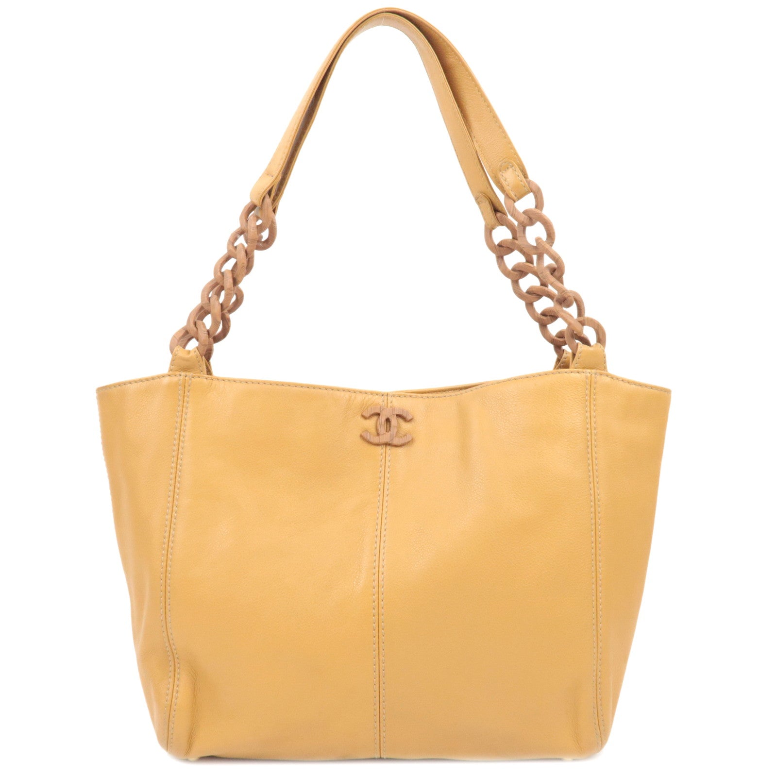 CHANEL Wood Handle Chain Tote Bag Leather Camel 8682797 76744