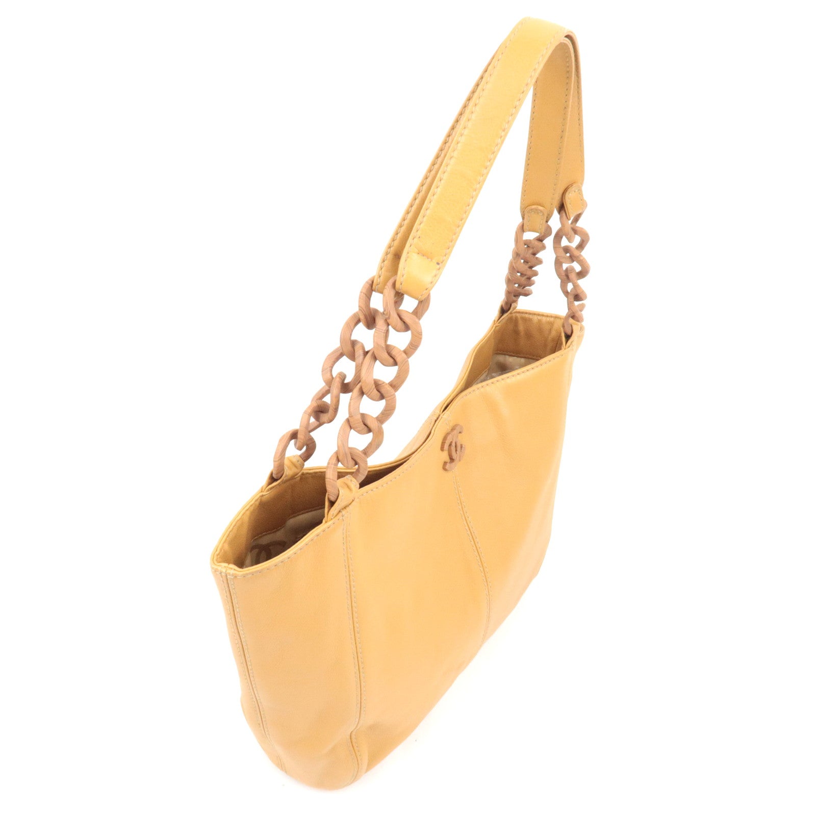 CHANEL Wood Handle Chain Tote Bag Leather Camel 8682797