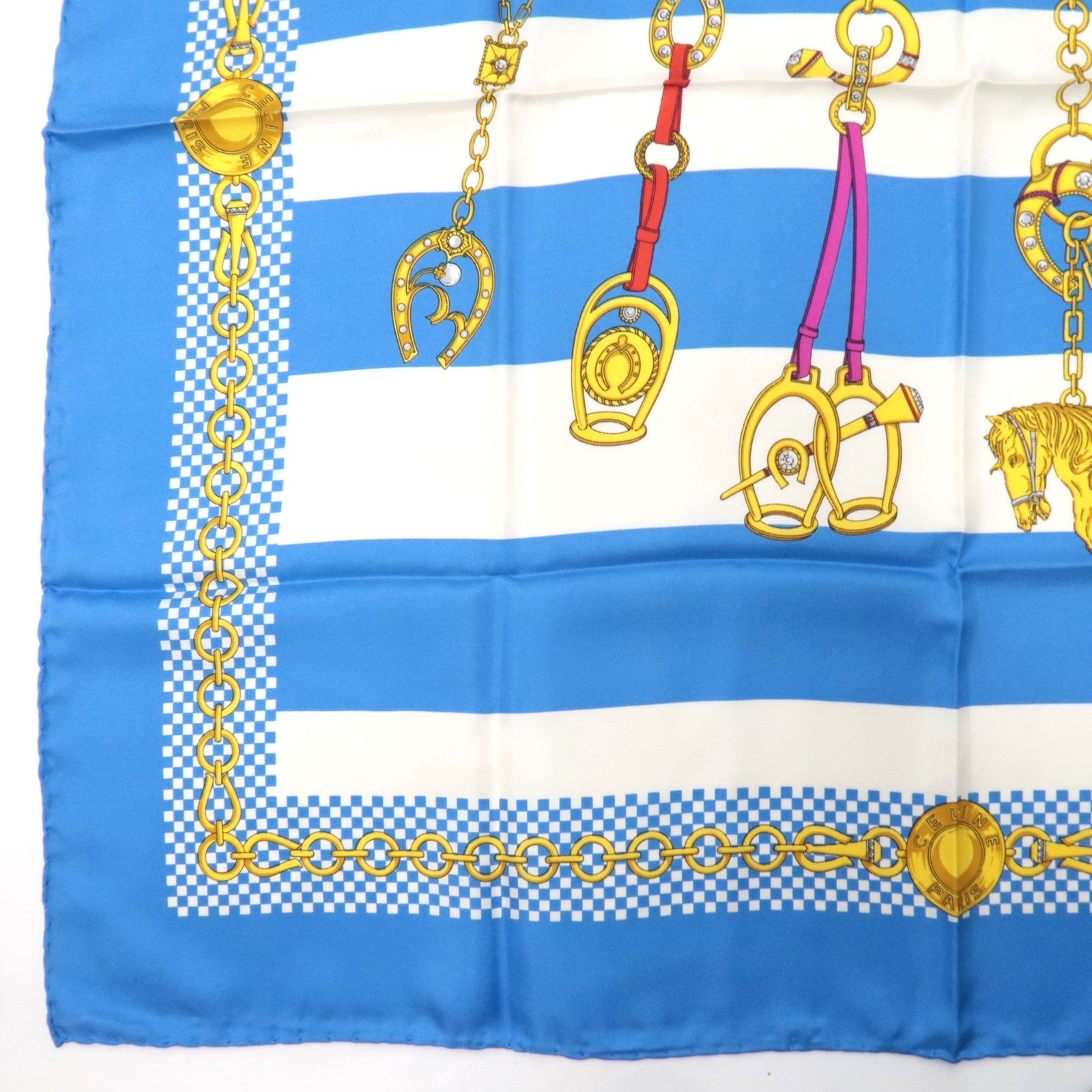 CELINE Scarf Stripe Print 100% Silk Blue