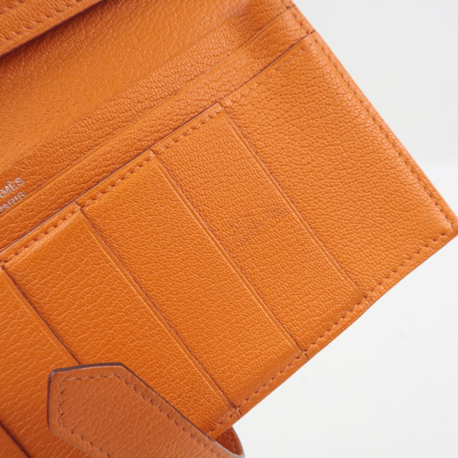 HERMES Bearn Soufflet Long Wallet □Q Stamp (2013) Chevre Orange Silver HDW *Box