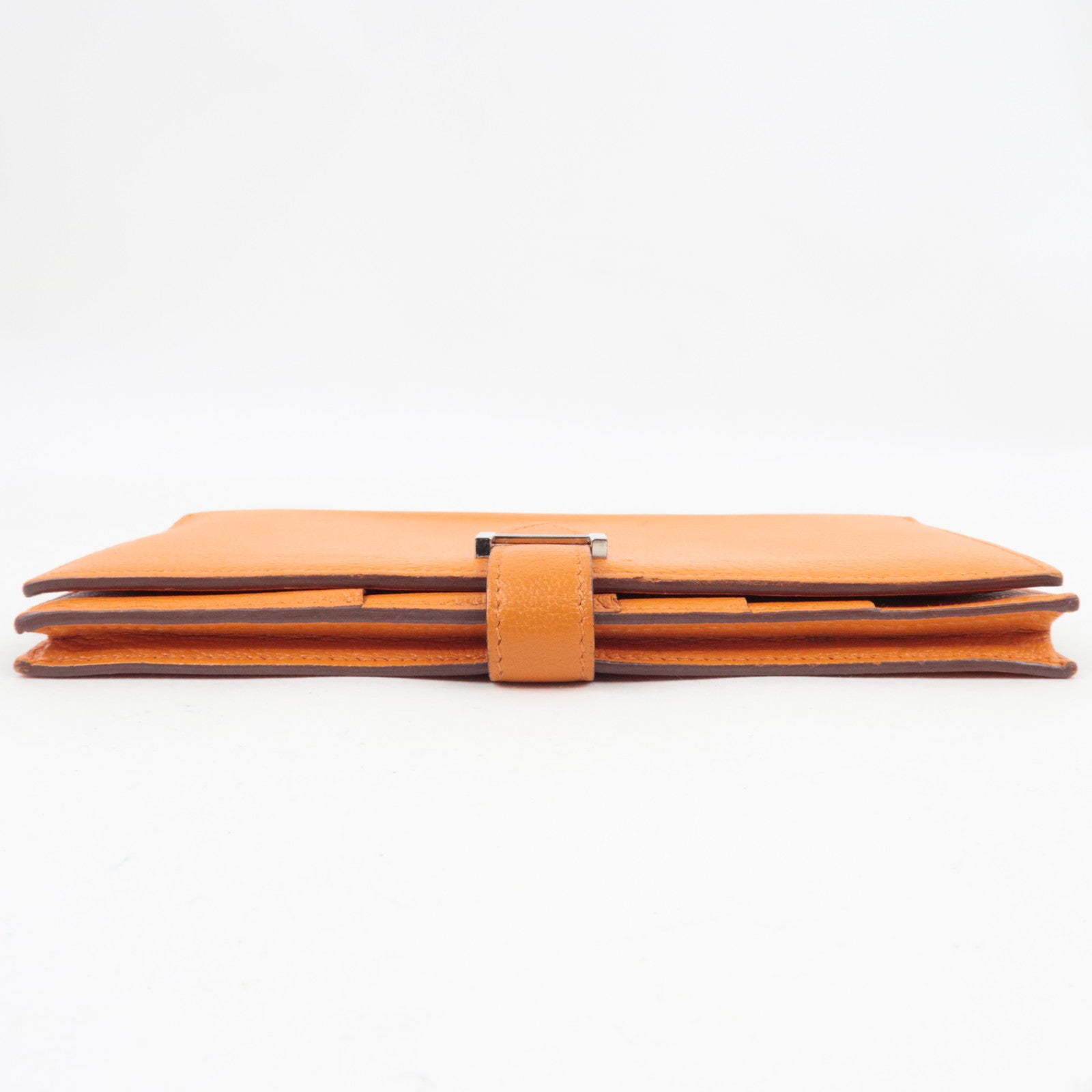 HERMES Bearn Soufflet Long Wallet □Q Stamp (2013) Chevre Orange Silver HDW *Box