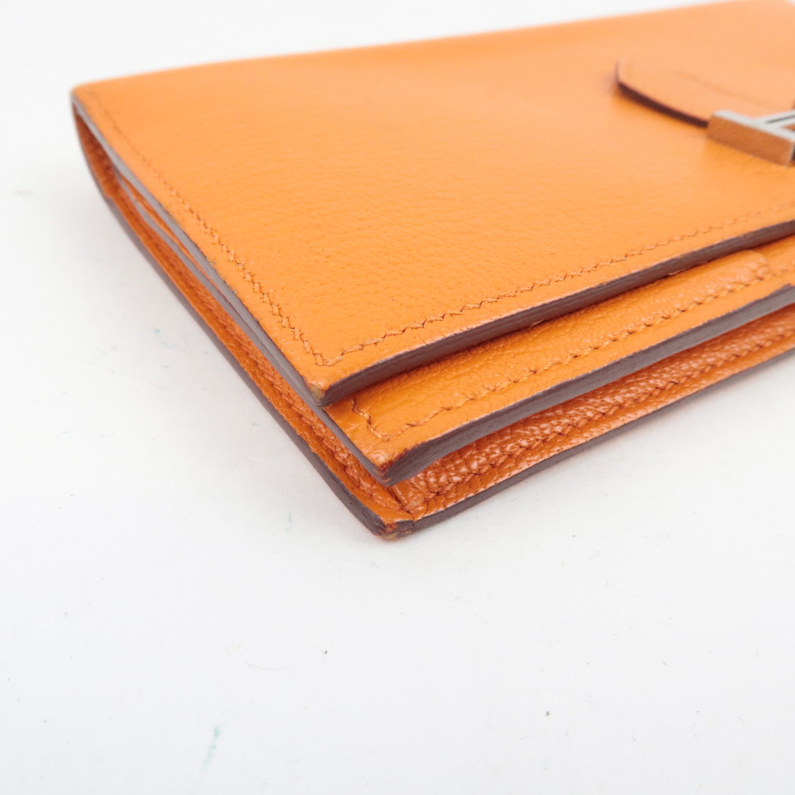 HERMES Bearn Soufflet Long Wallet □Q Stamp (2013) Chevre Orange Silver HDW *Box