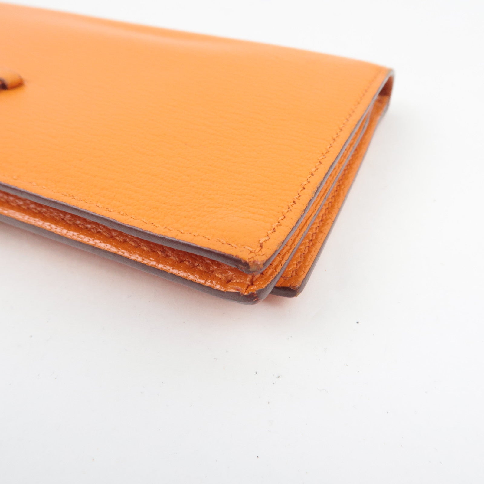 HERMES Bearn Soufflet Long Wallet □Q Stamp (2013) Chevre Orange Silver HDW *Box