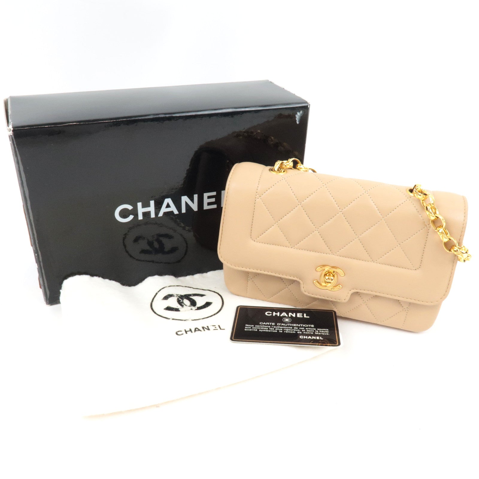 CHANEL Matelasse Chain Shoulder Bag With Bijou Chain Lambskin Beige Gold HDW *Box, Dust bag, G card