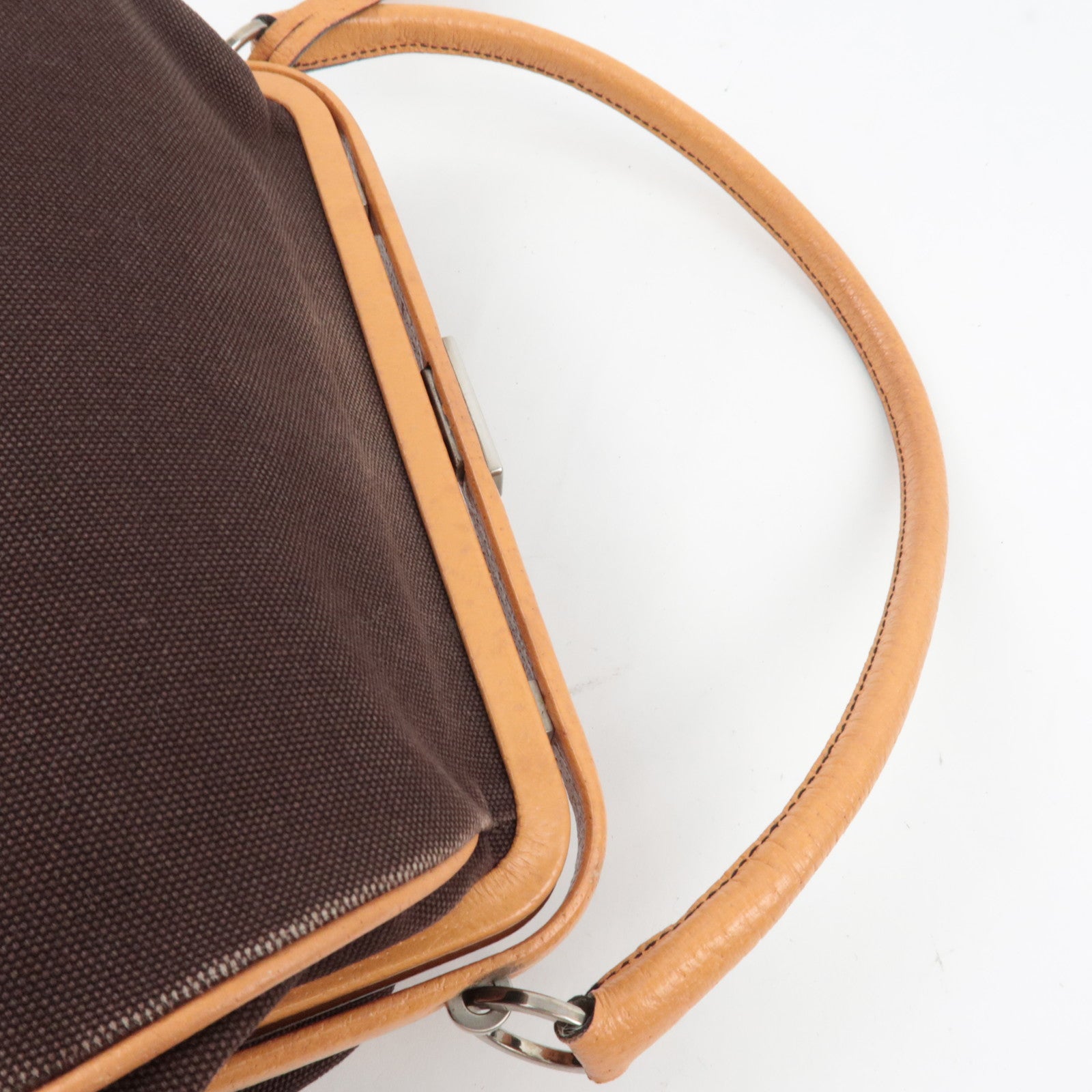 PRADA Kiss Lock Shoulder Bag Canvas Leather Brown *Dust bag, Clochette