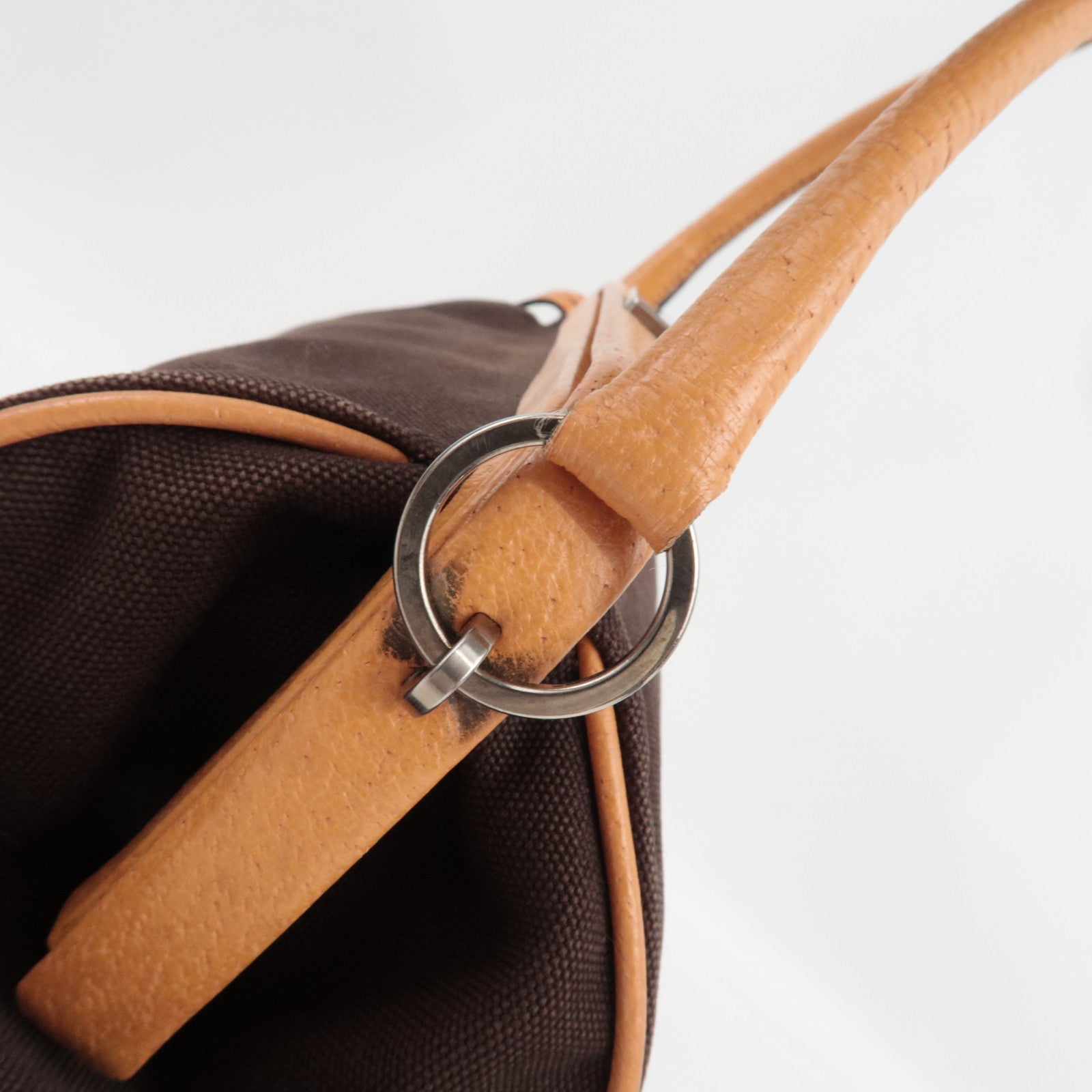 PRADA Kiss Lock Shoulder Bag Canvas Leather Brown *Dust bag, Clochette