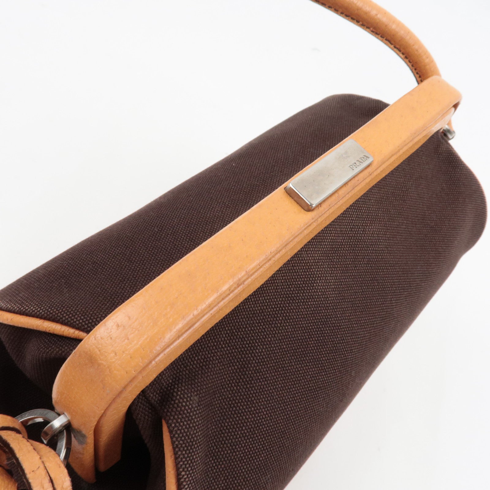 PRADA Kiss Lock Shoulder Bag Canvas Leather Brown *Dust bag, Clochette