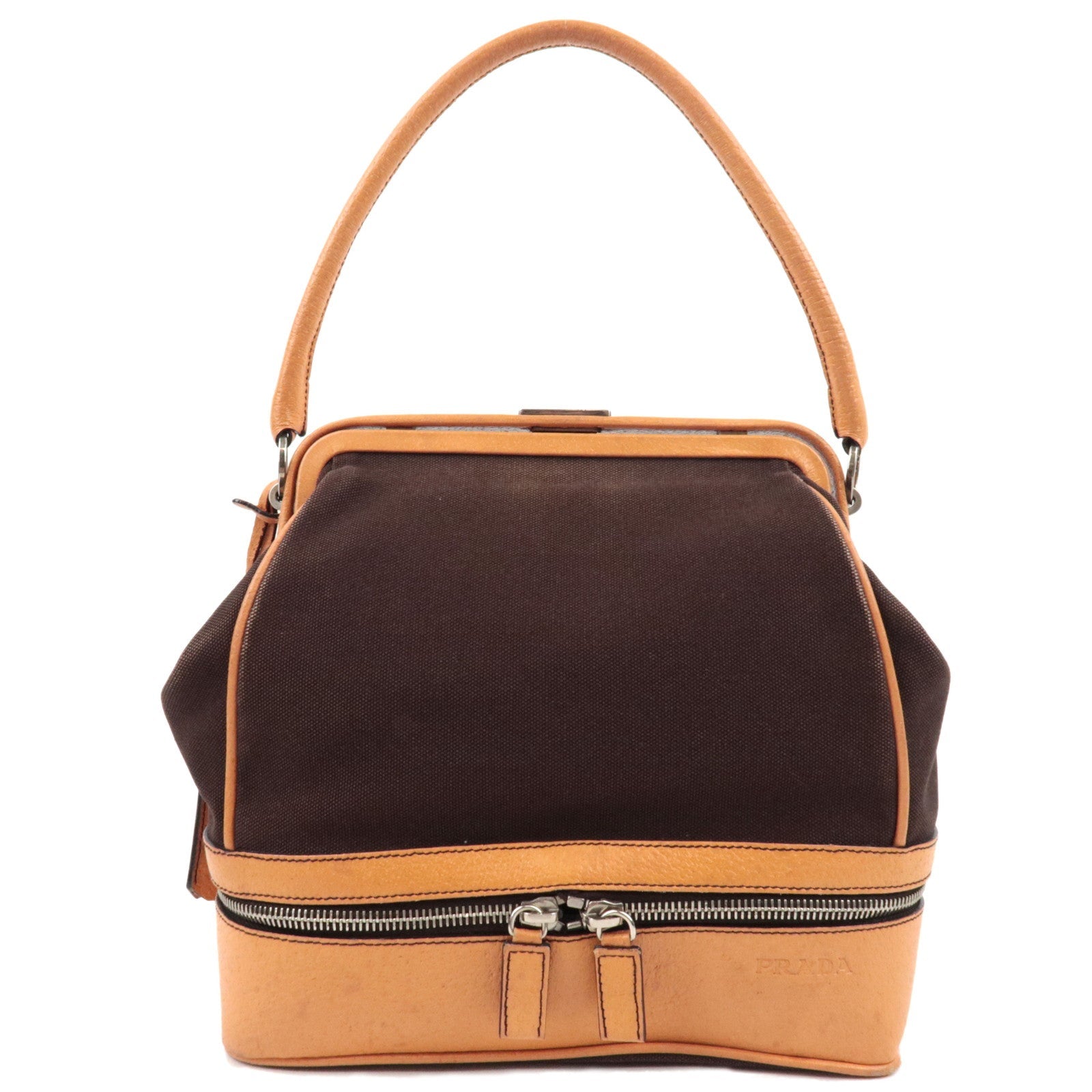 PRADA Kiss Lock Shoulder Bag Canvas Leather Brown *Dust bag, Clochette76899