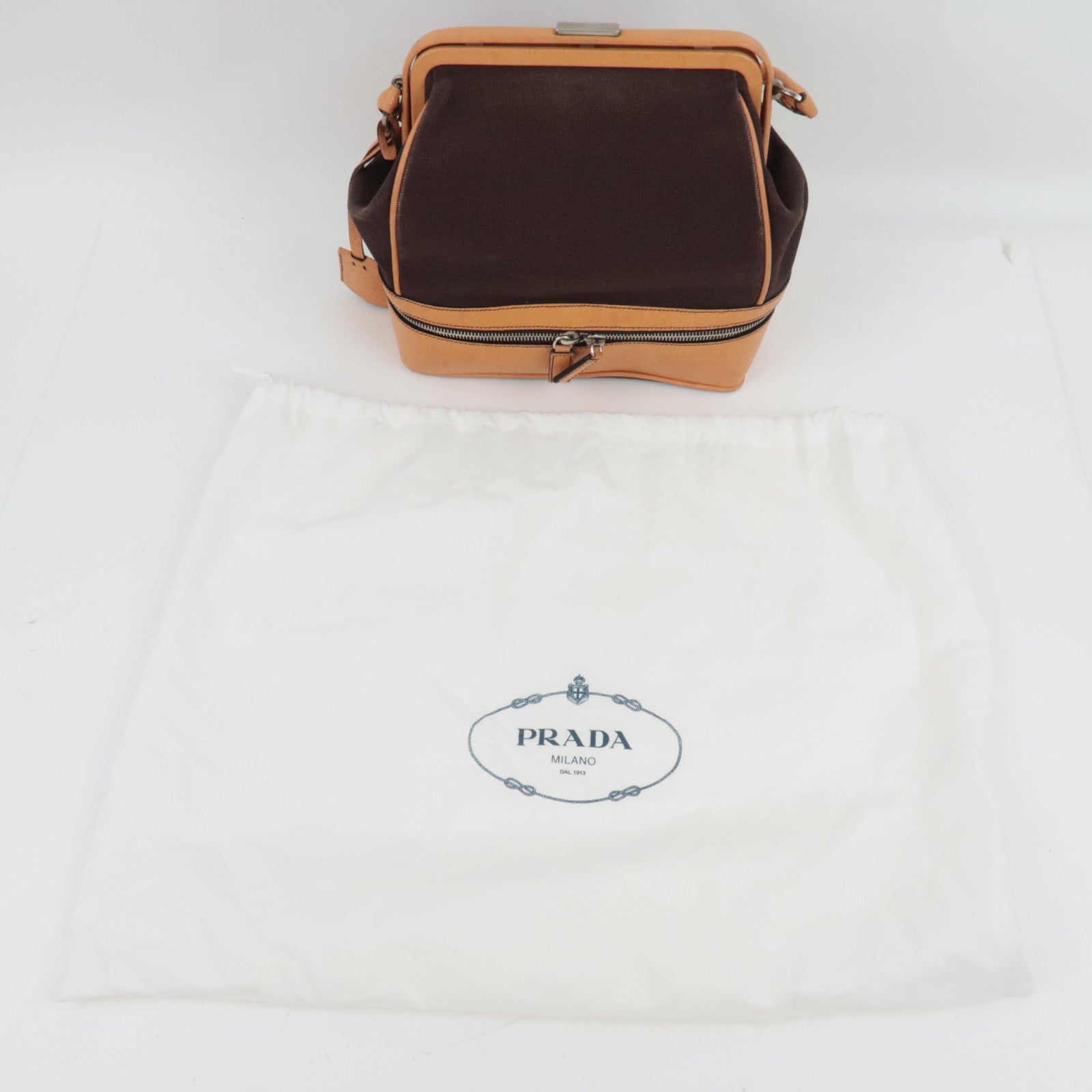 PRADA Kiss Lock Shoulder Bag Canvas Leather Brown *Dust bag, Clochette