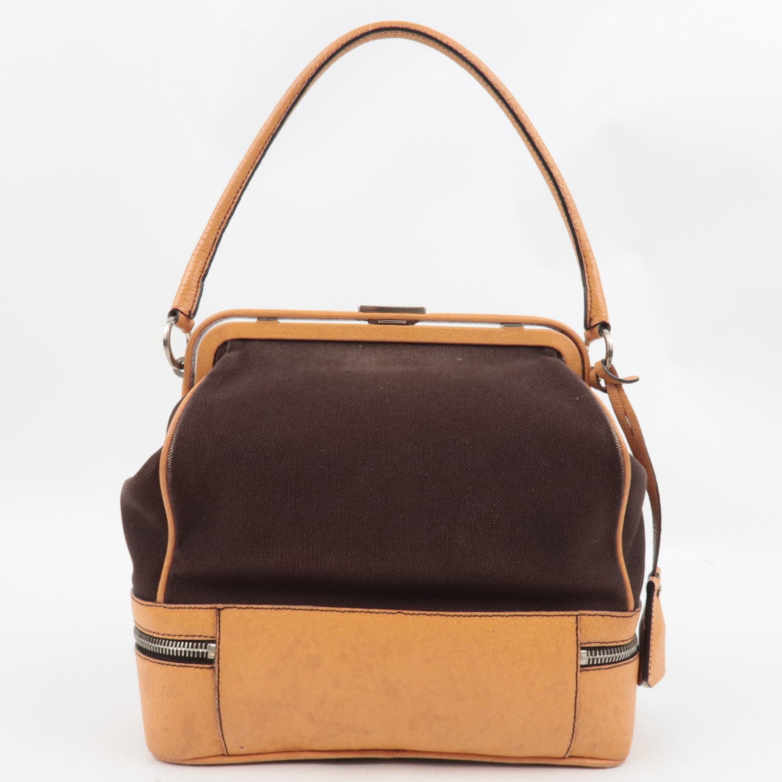 PRADA Kiss Lock Shoulder Bag Canvas Leather Brown *Dust bag, Clochette