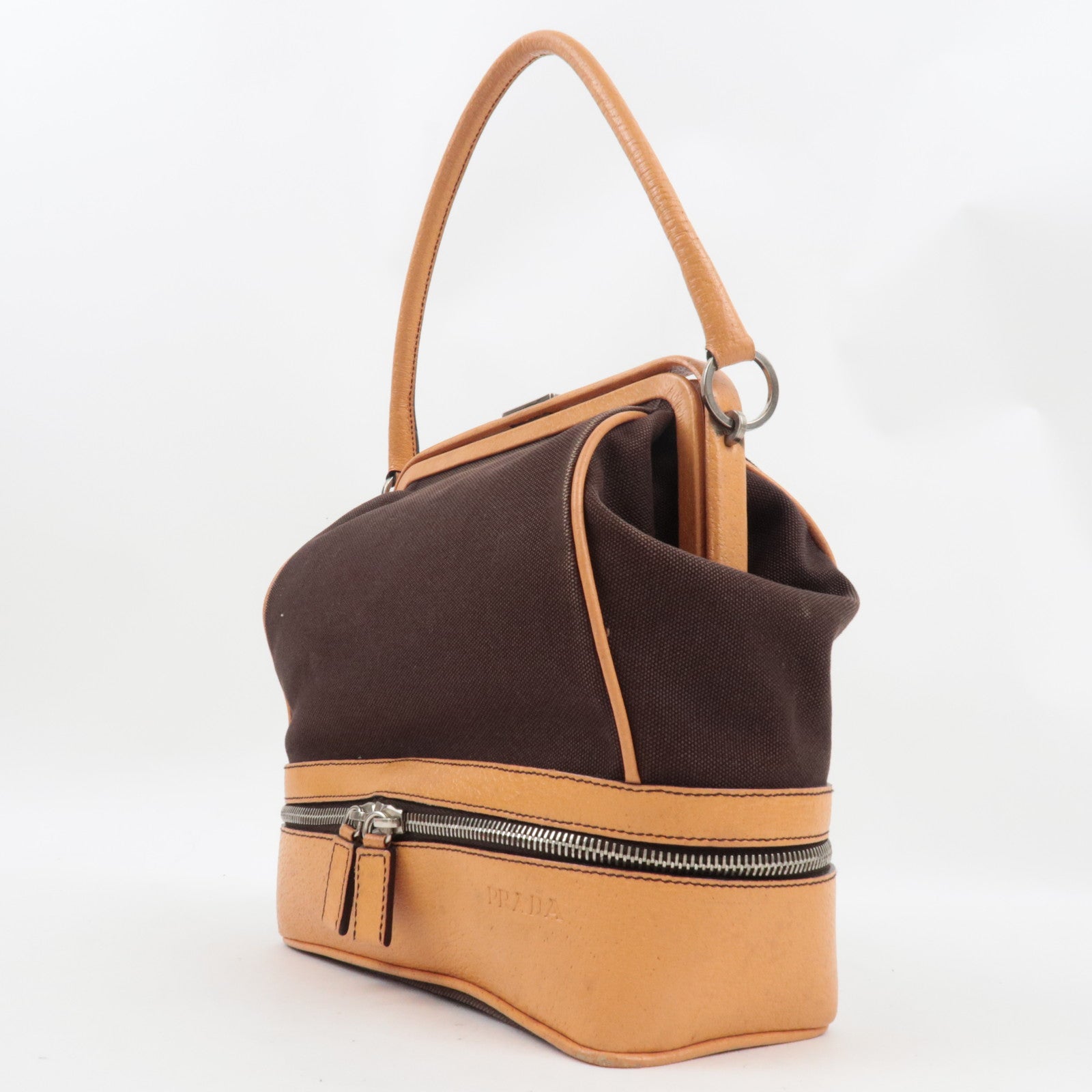 PRADA Kiss Lock Shoulder Bag Canvas Leather Brown *Dust bag, Clochette