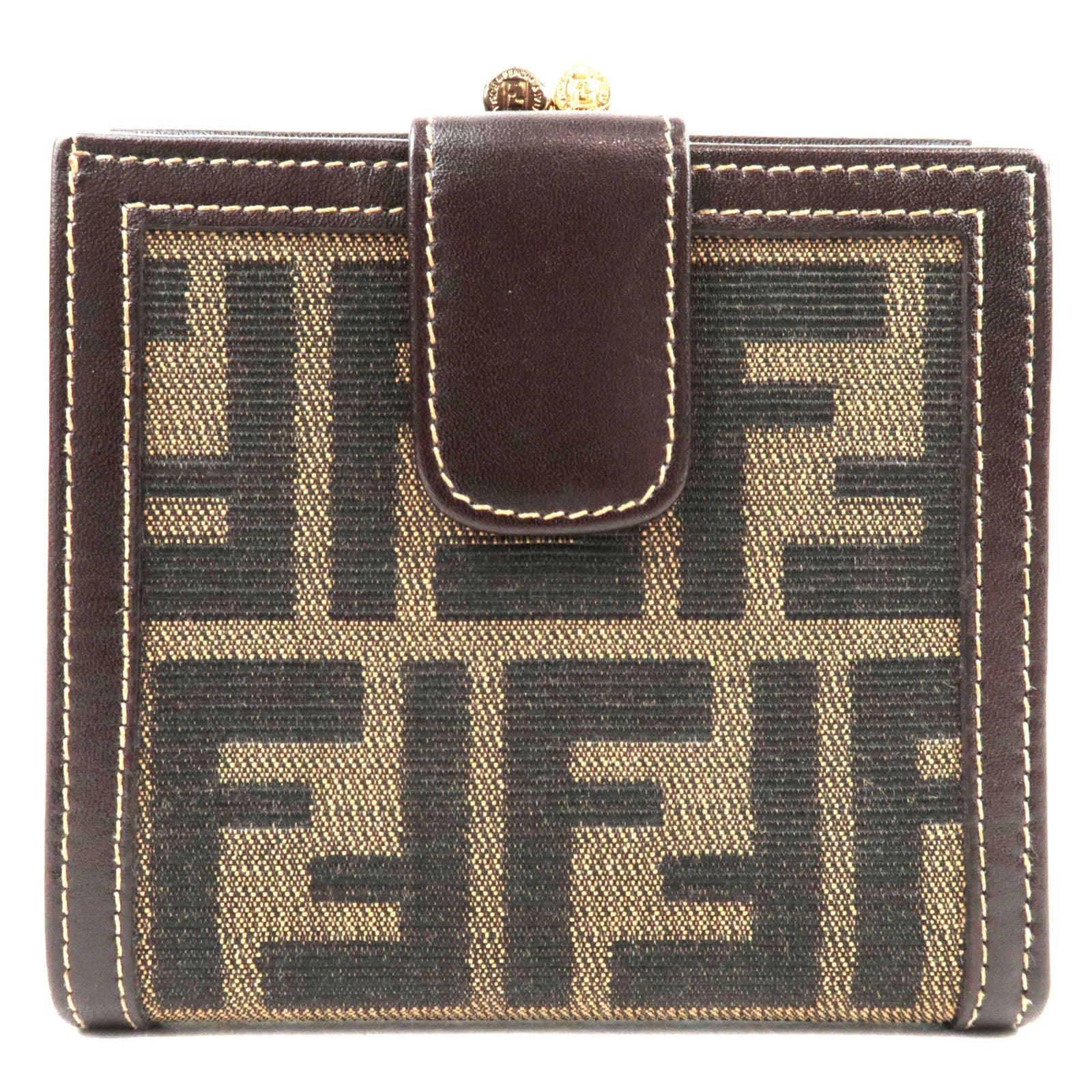 FENDI Zucca Kiss Lock Bi-Fold Wallet Canvas Leather Brown Black 3078276959