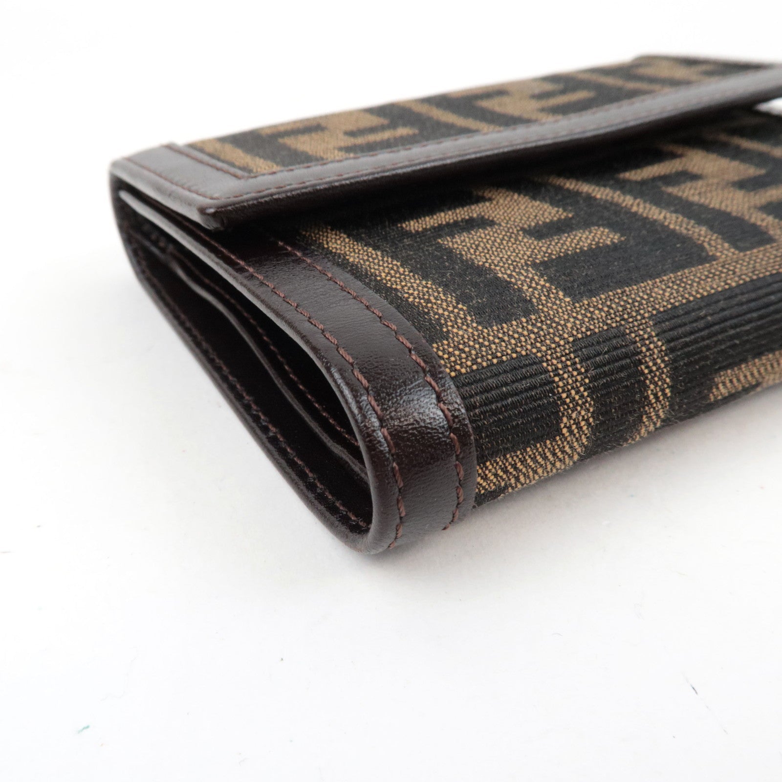 FENDI Zucca Tri-Fold Wallet Canvas Leather Brown Black 30729 *Box
