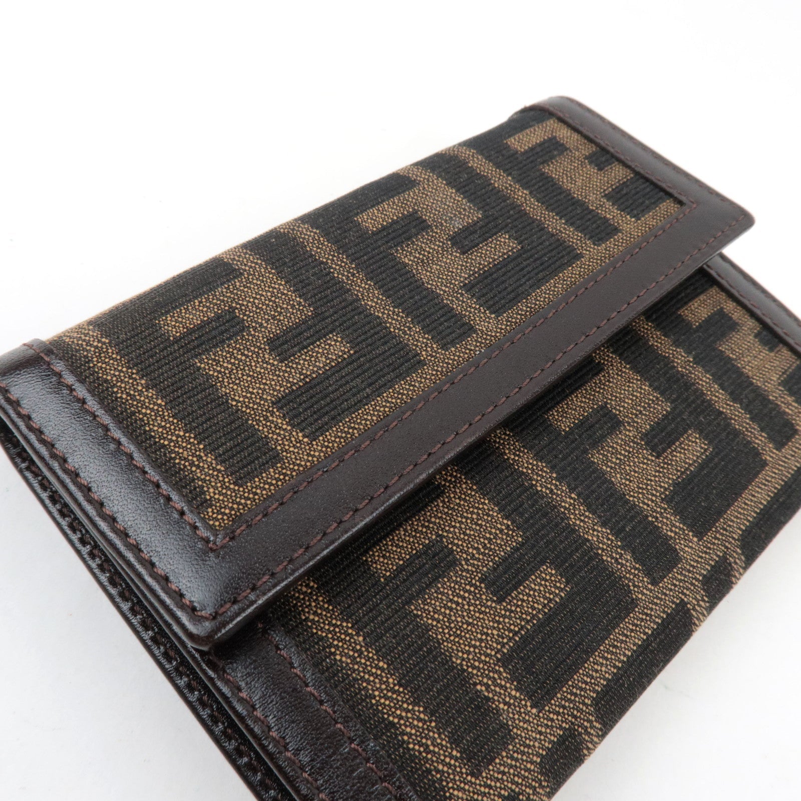 FENDI Zucca Tri-Fold Wallet Canvas Leather Brown Black 30729 *Box