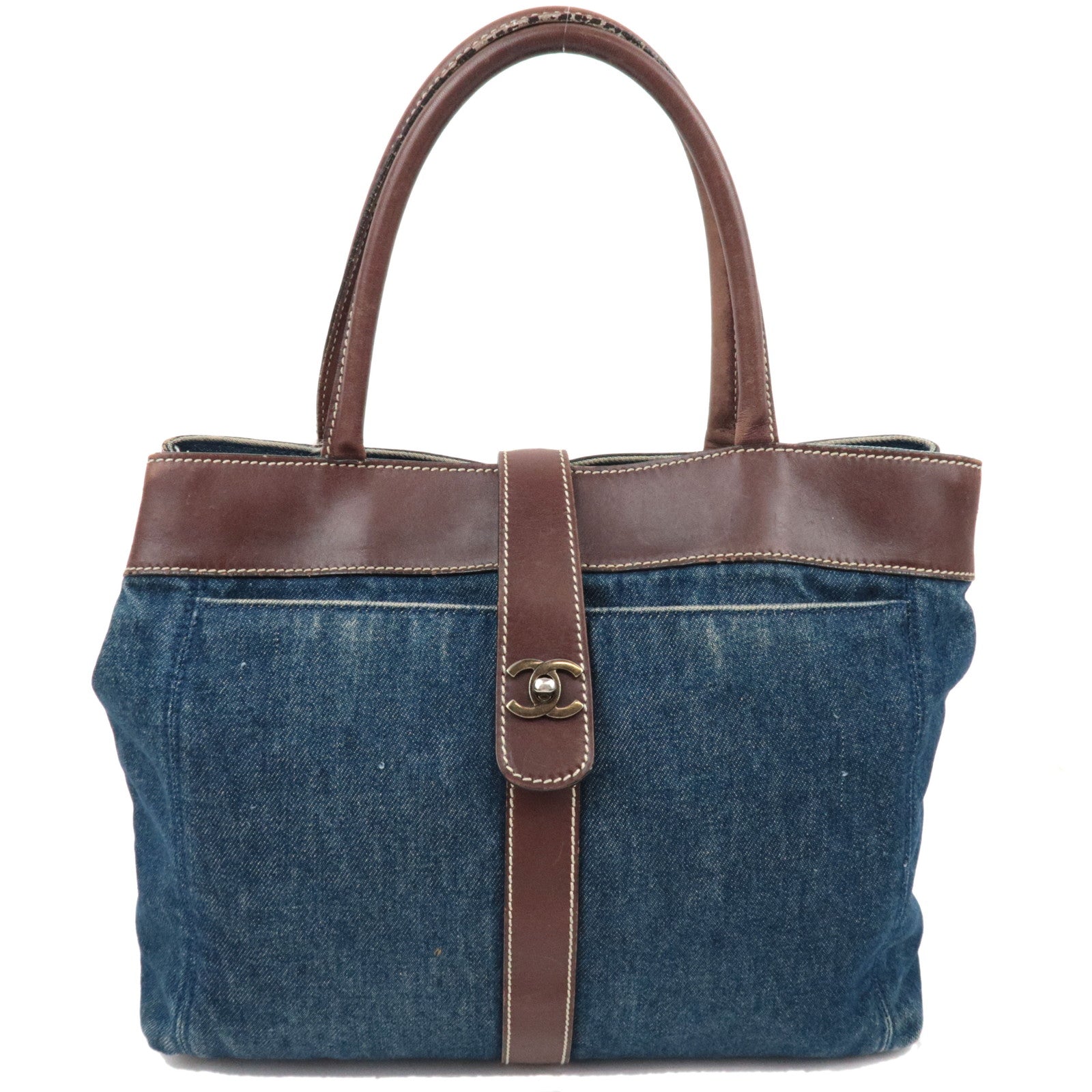 CHANEL Tote Bag Denim Leather Blue Brown 6114009 77089