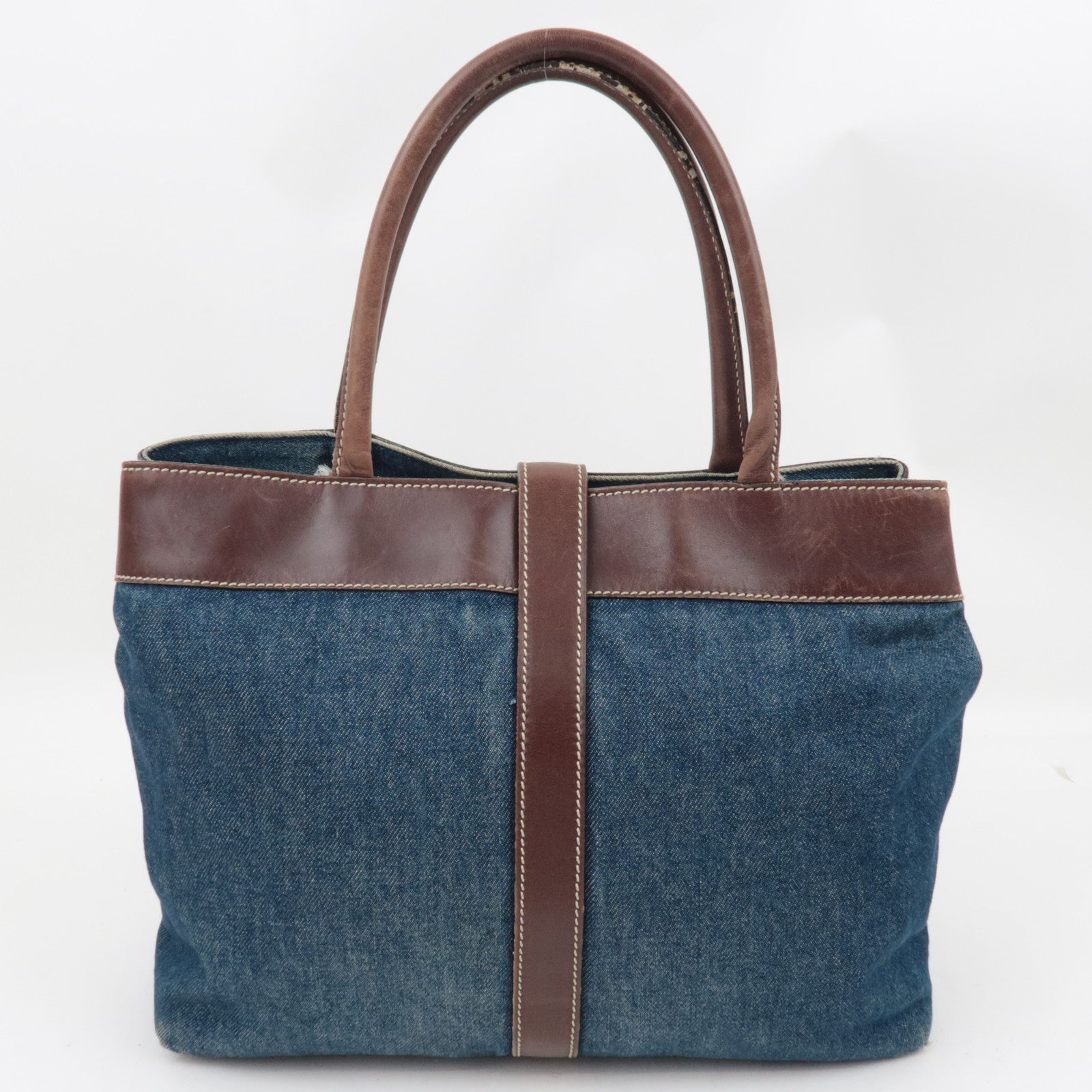 CHANEL Tote Bag Denim Leather Blue Brown 6114009