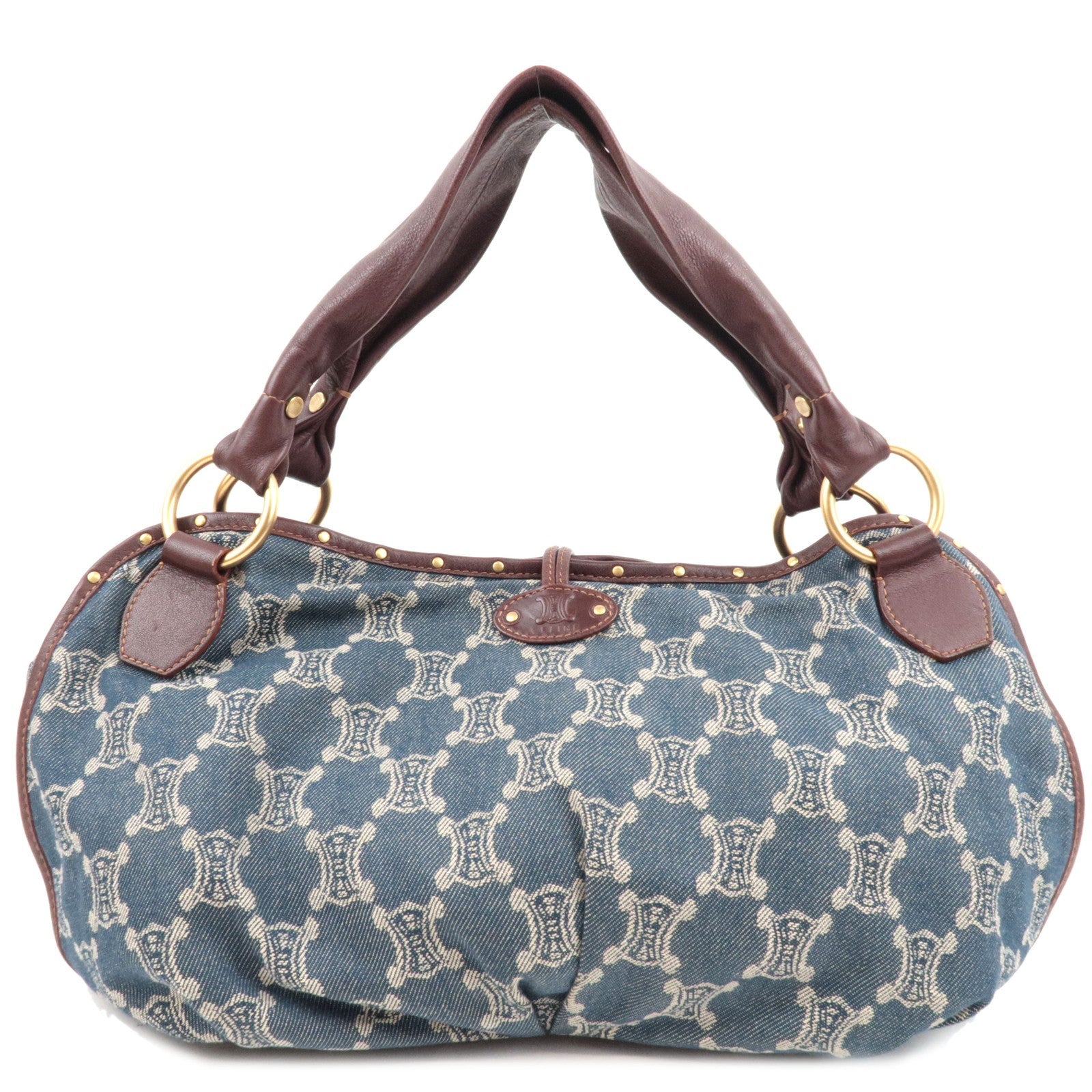 CELINE Paris Macadam Shoulder Bag Denim Leather Blue Brown 77096