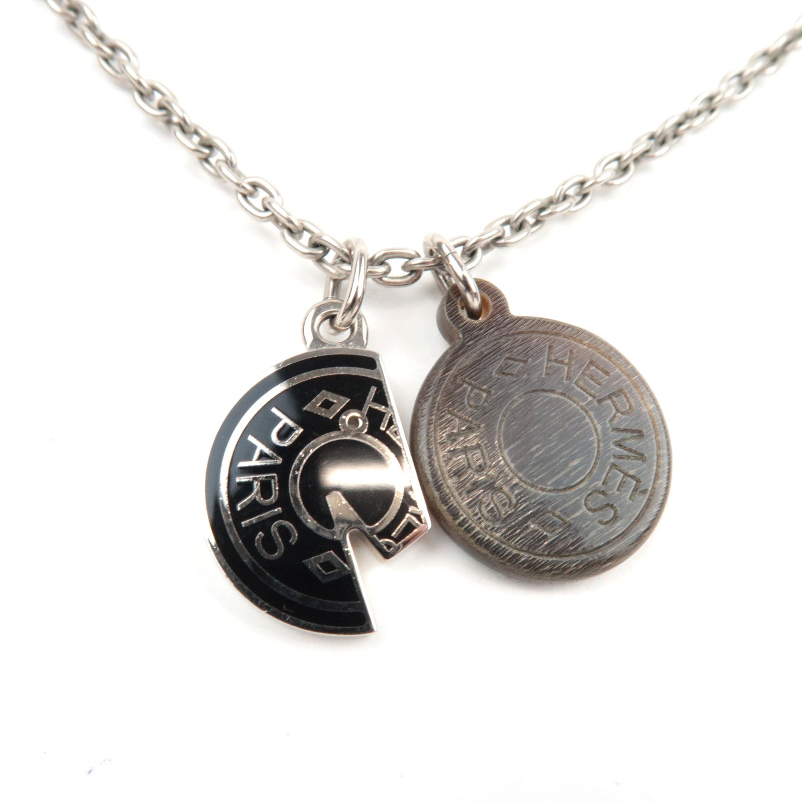 HERMES Carousel Necklace Length 48cm Metal Buffalo Horn Silver Black *Box, Dust bag