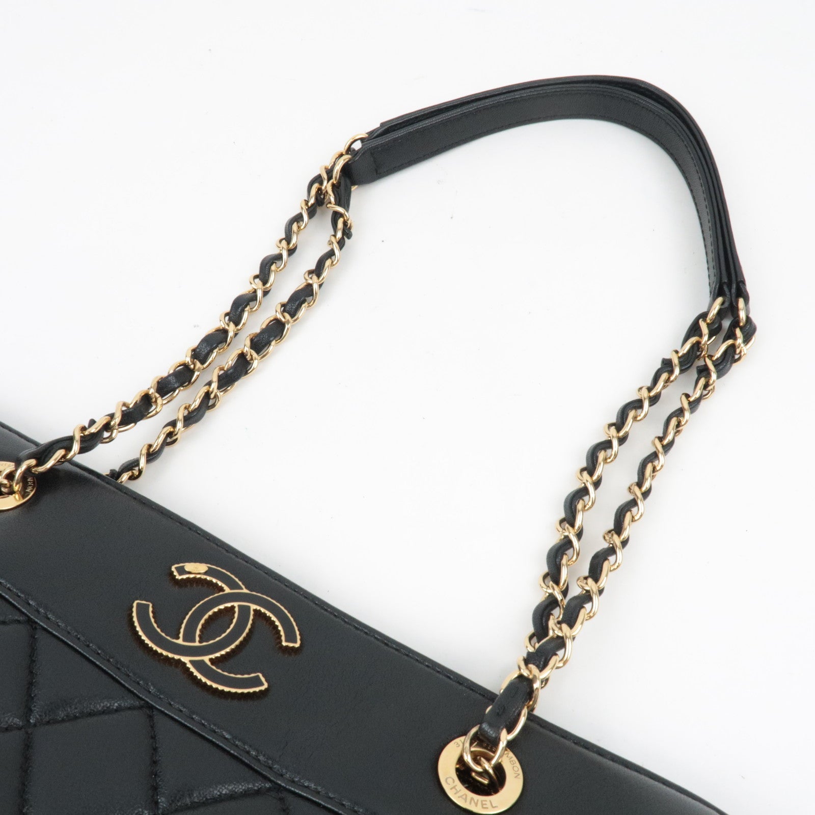 CHANEL Matelasse Chain Tote Bag Lambskin Black Gold HDW 23107851
