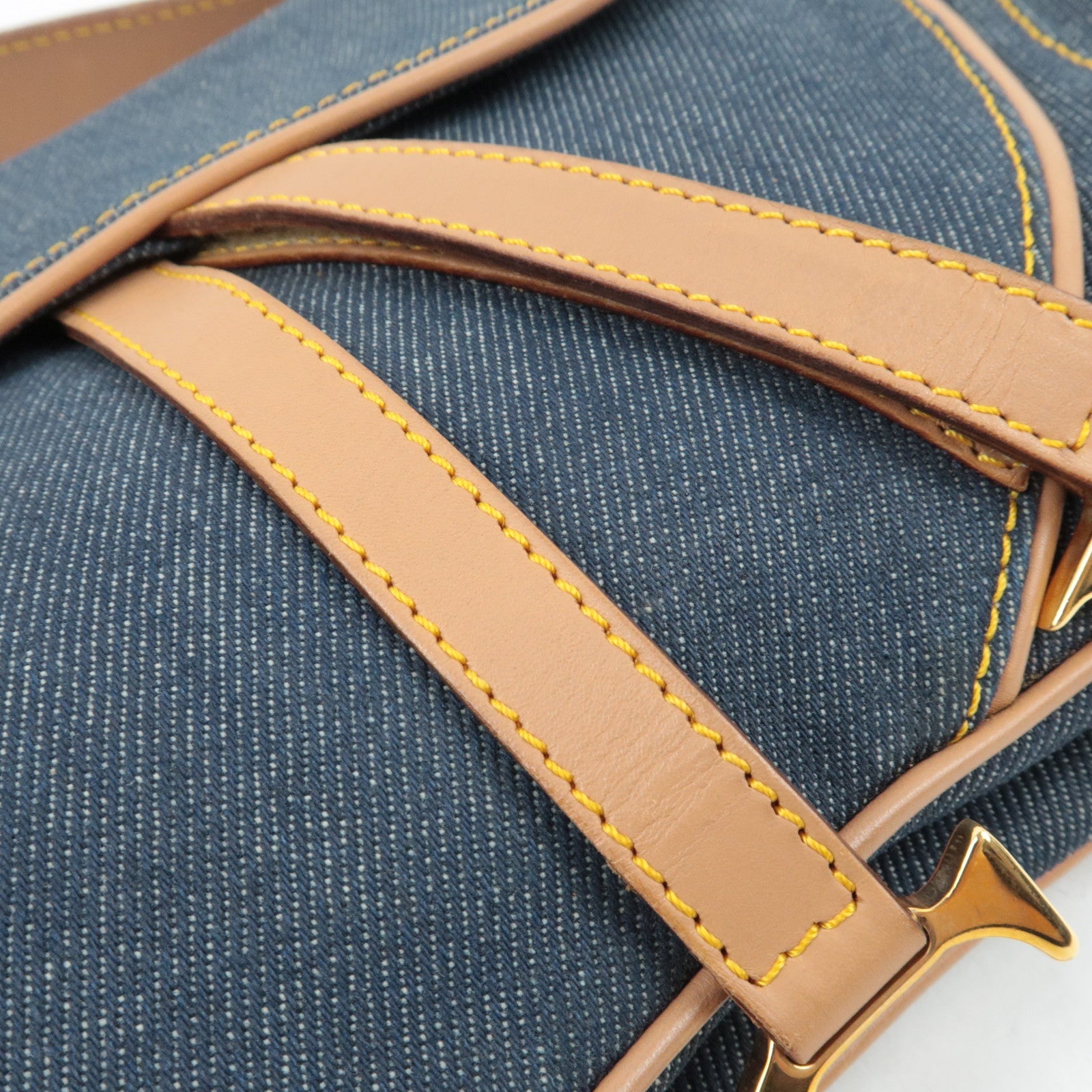 Christian Dior Double Saddle Bag Shoulder Bag Denim Leather Navy Beige