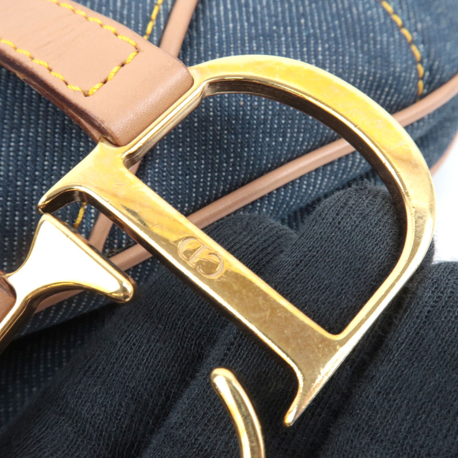 Christian Dior Double Saddle Bag Shoulder Bag Denim Leather Navy Beige