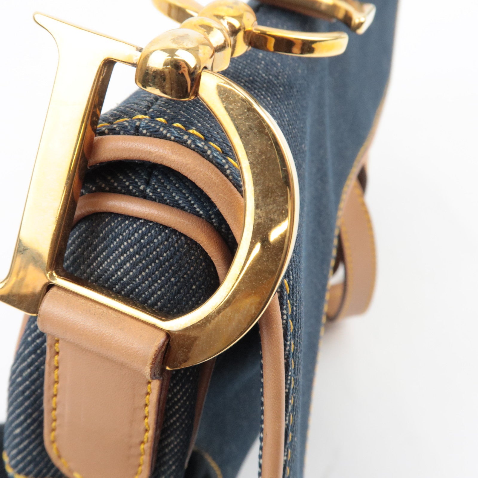 Christian Dior Double Saddle Bag Shoulder Bag Denim Leather Navy Beige