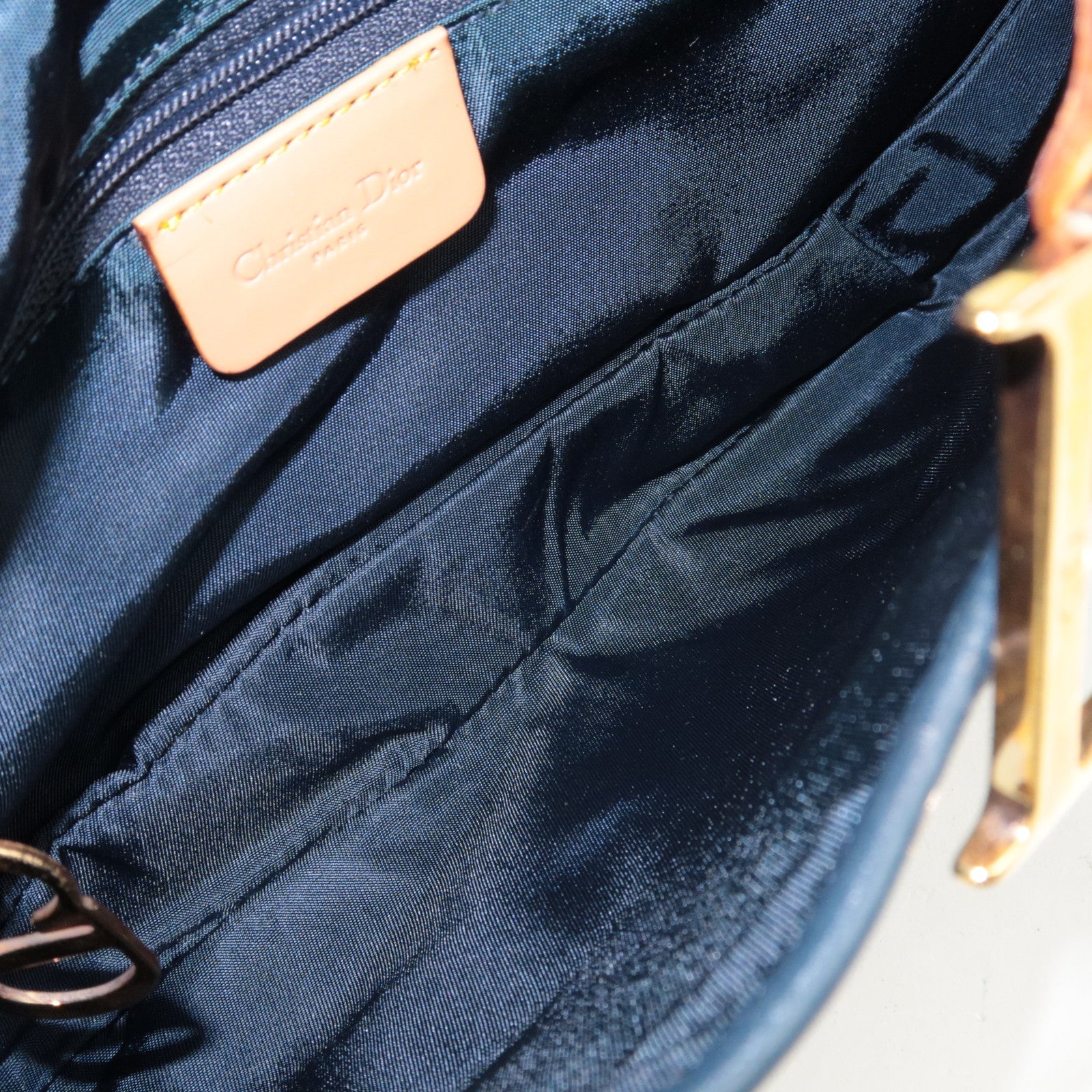 Christian Dior Double Saddle Bag Shoulder Bag Denim Leather Navy Beige