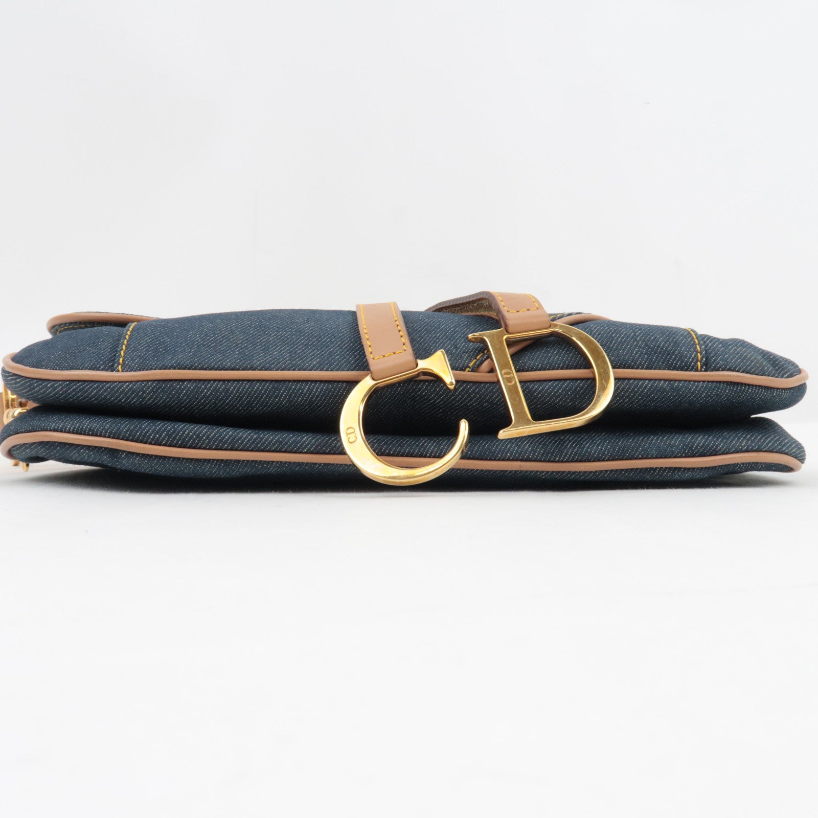 Christian Dior Double Saddle Bag Shoulder Bag Denim Leather Navy Beige